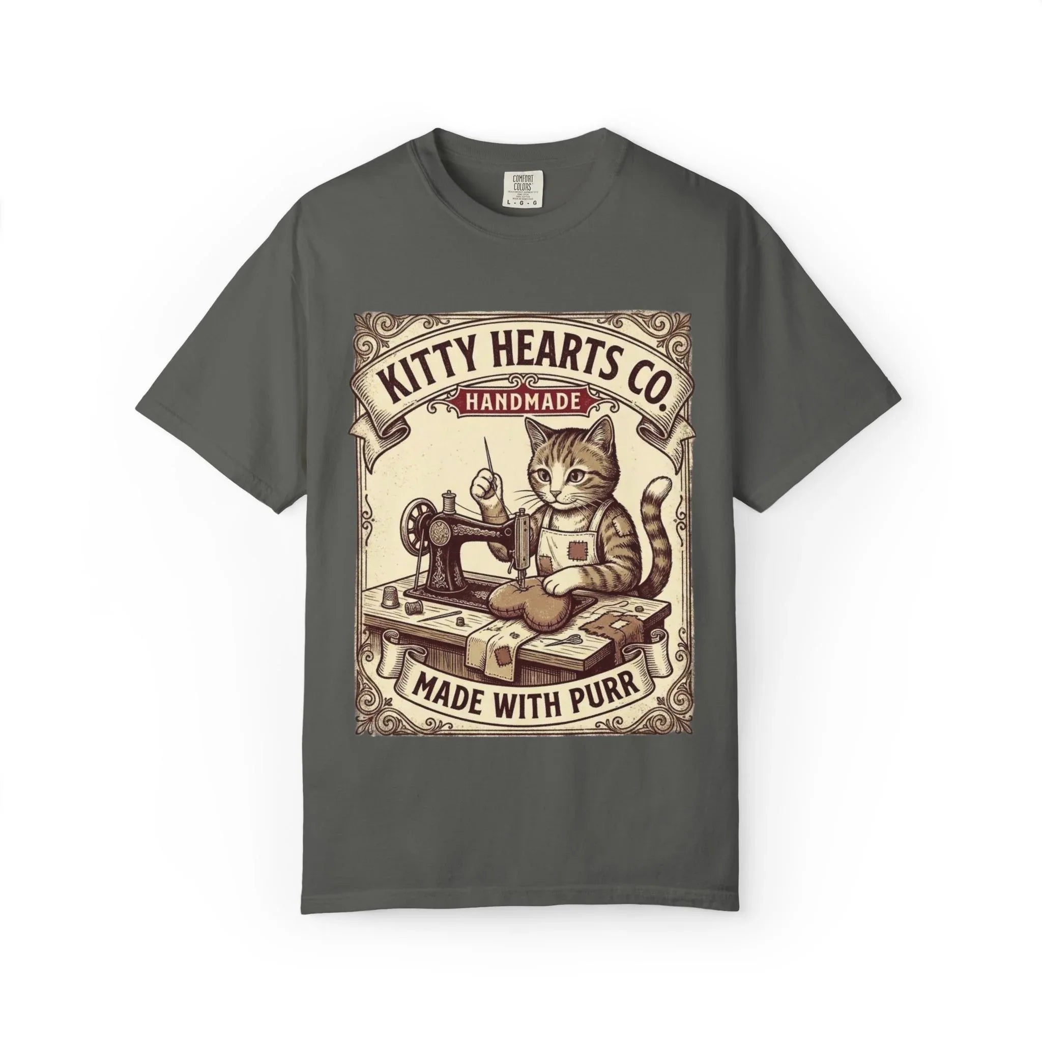Kitty Hearts Co T-Shirt | Vintage Sewing Cat Made With Purr Graphic Tee | Retro Craft Lover Gift Pepper