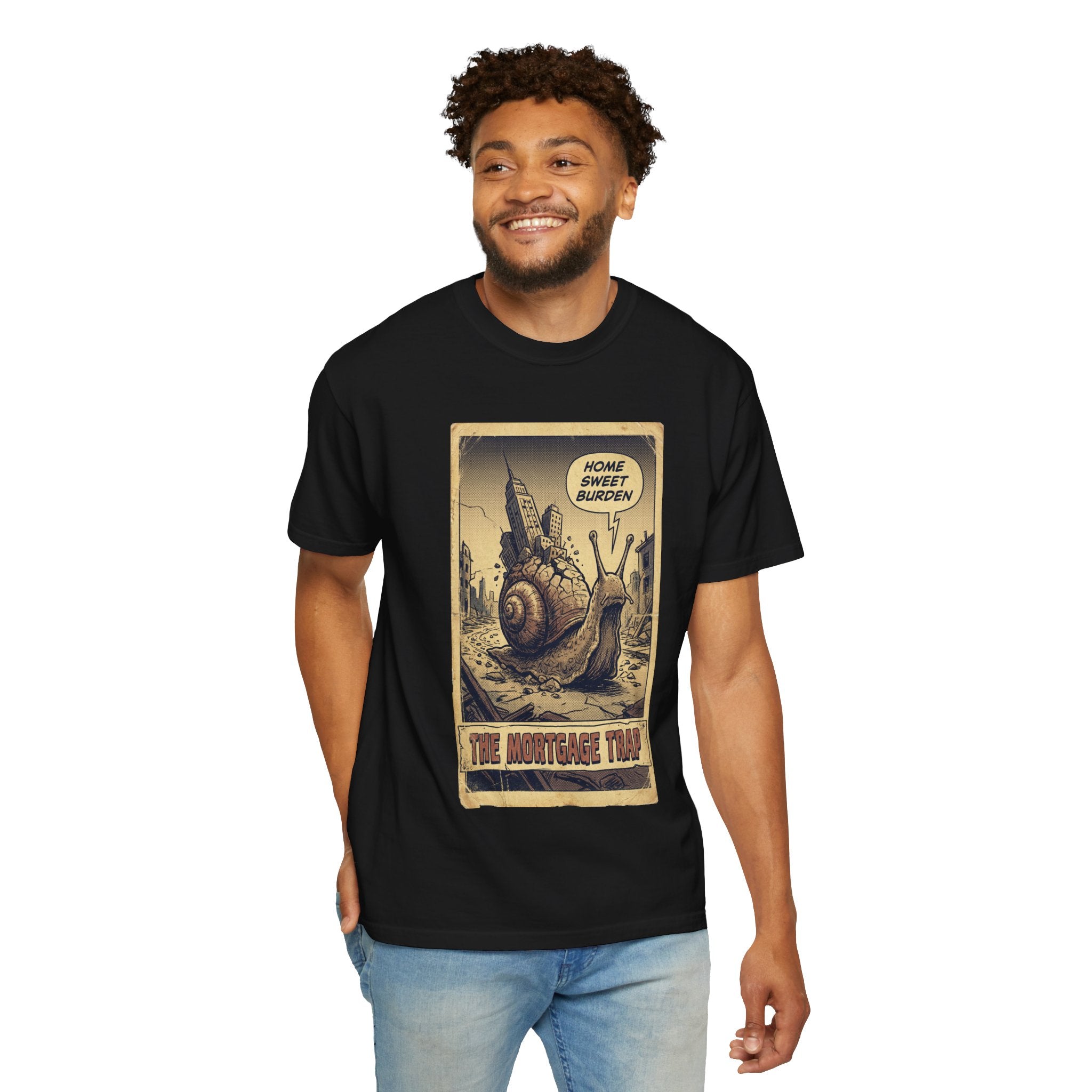 The Mortgage Trap T-Shirt - Funny Sarcastic Homeowner Shirt - Vintage Comic Style Social Satire Tee - Home Sweet Burden Real Estate Gift Black