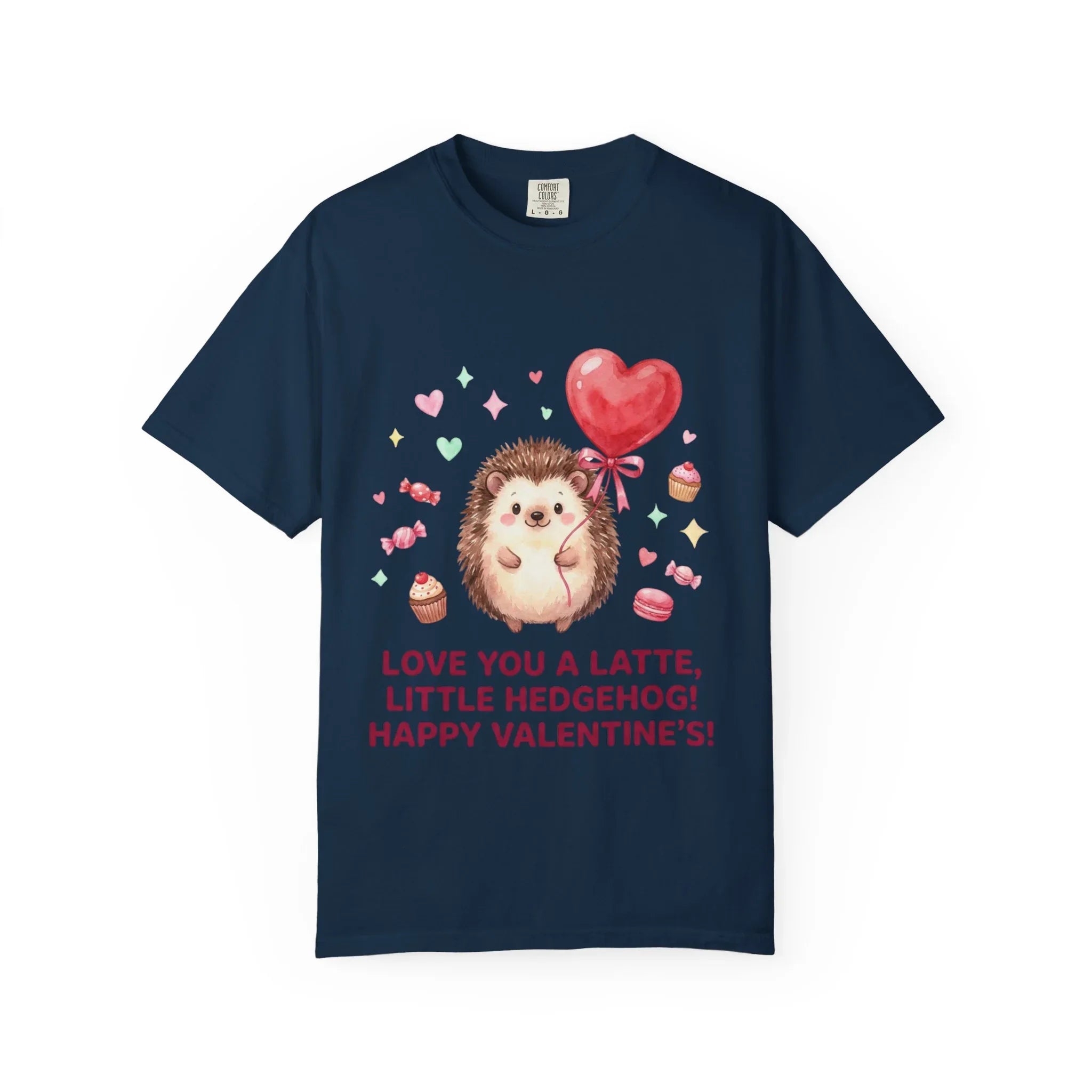 Love You A Latte Hedgehog T Shirt Cute Watercolor Heart Balloon Valentine Cozy Vintage Aesthetic Gift Animal Lovers Soft Cotton Romantic Tee True Navy