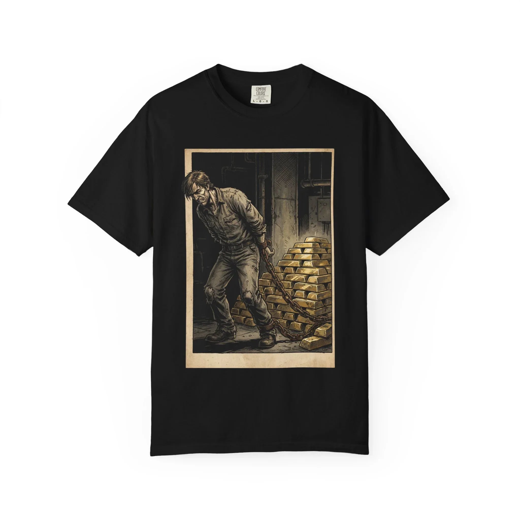 Heavy Gold Chains Satirical Shirt - Gritty Comic Art Tee - "Golden Burden" Wealth Trap Graphic - Vintage Prisoner of Greed Gift - Dark Humor Satire Streetwear Black
