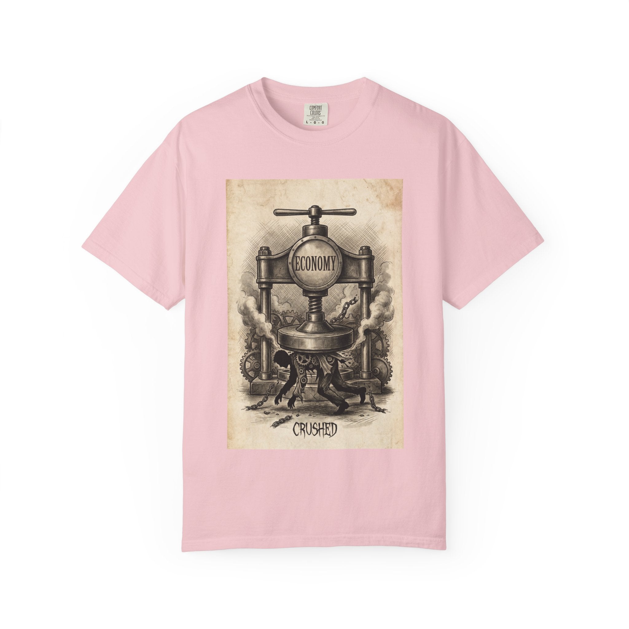 Vintage Economy Press T-Shirt | Retro Industrial Satire Tee | Dark Academia Social Comment Art Shirt | Gift for Philosophy & Economics Lovers" Blossom