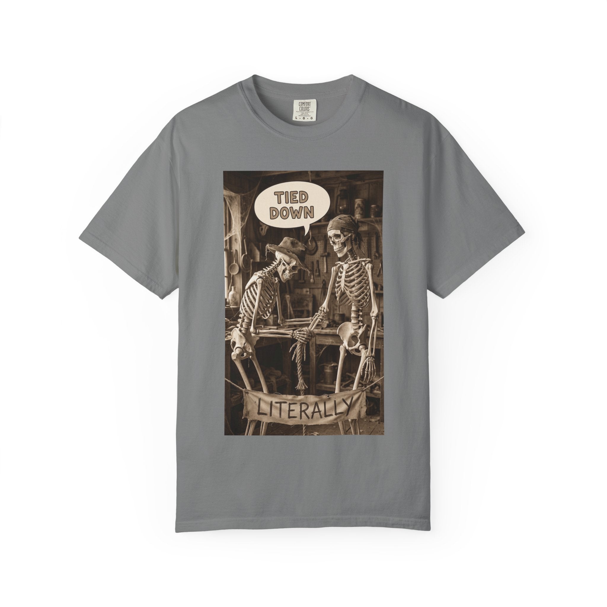🪢 Tied Down Literally – Vintage Skeleton Satire & Dark Humor Streetwear Unisex Garment-Dyed T-shirt Grey