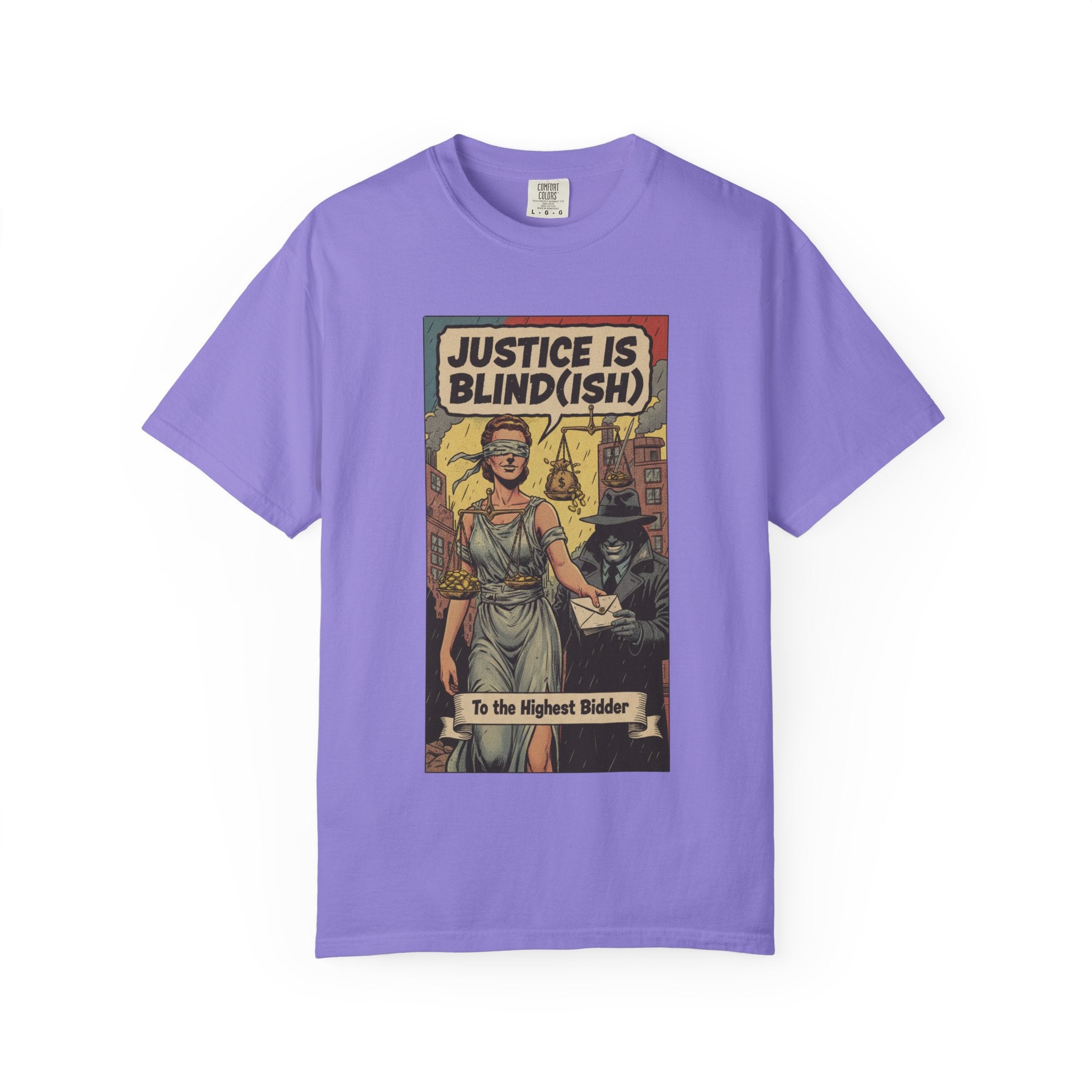 Justice Is Blind(ish) Shirt - Vintage Satire T-Shirt - Retro Comic Graphic Tee - Sarcastic Lady Justice Gift - Garment-Dyed Streetwear Violet