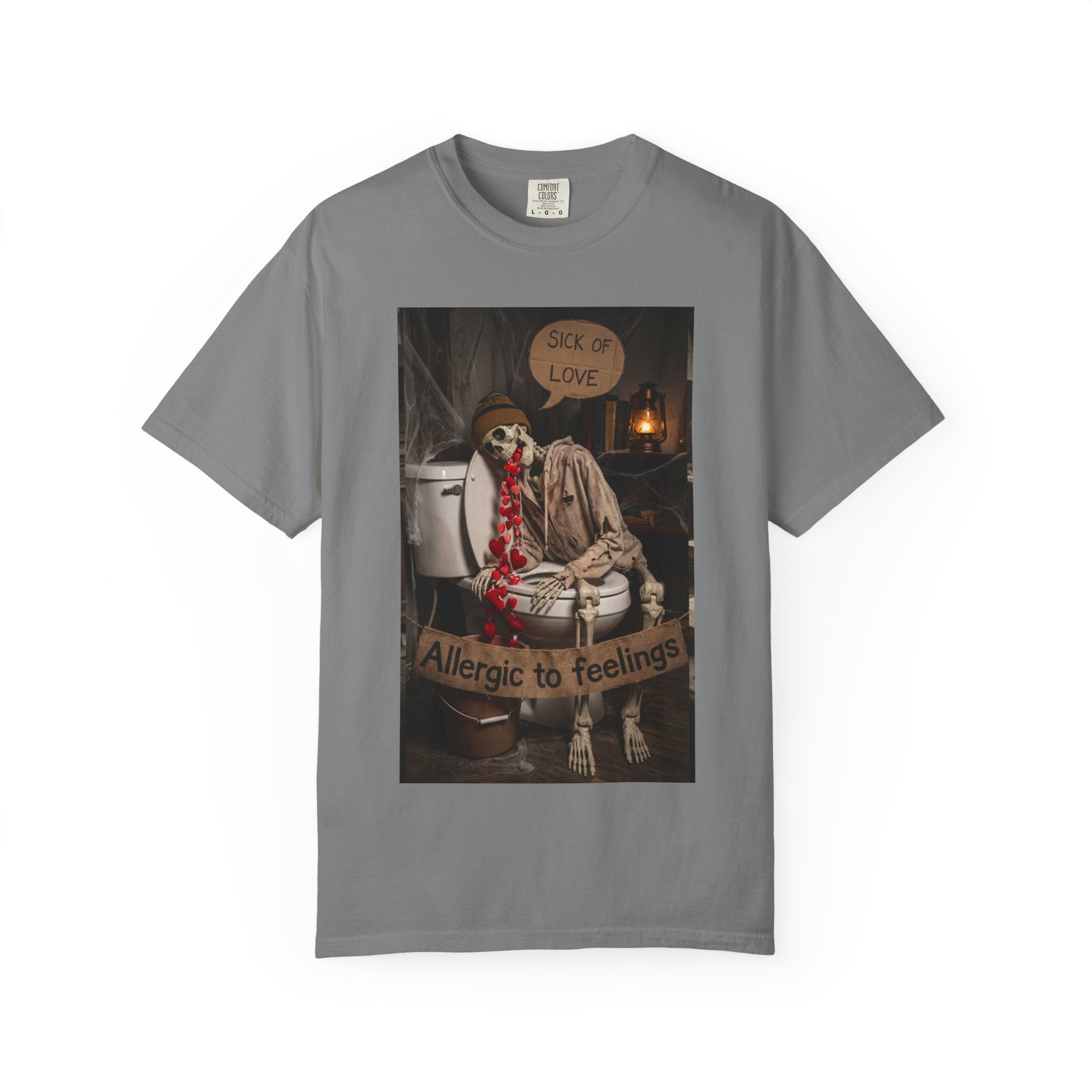 🤮 Sick of Love – Vintage Skeleton Heartbreak Satire & Grunge Streetwear Vintage Skeleton Graphic Tee - Sick of Love Dark Humor Streetwear Grey