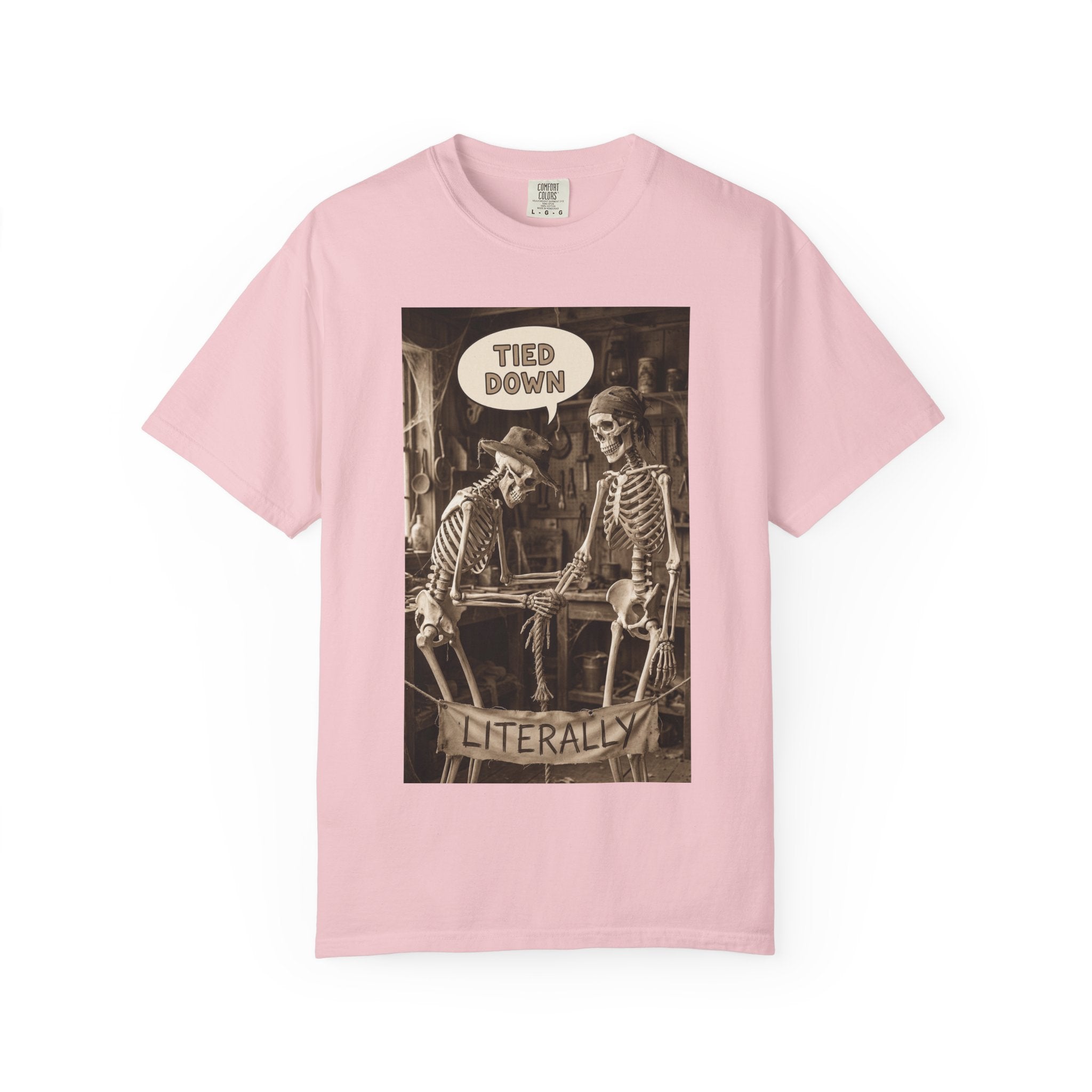🪢 Tied Down Literally – Vintage Skeleton Satire & Dark Humor Streetwear Unisex Garment-Dyed T-shirt Blossom