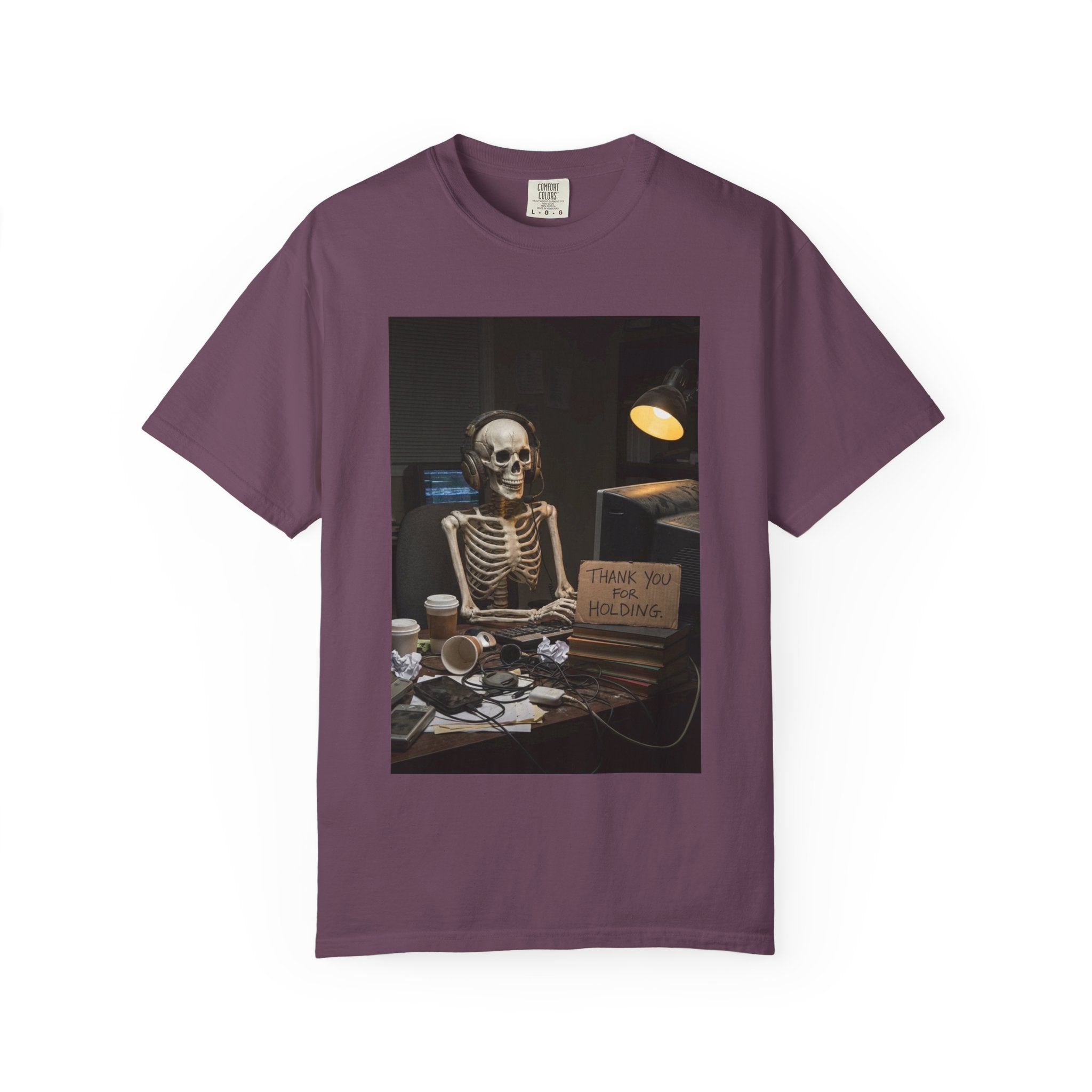 Thank You For Holding Shirt - Skeleton Customer Service Tee - Funny Call Center Humor - Sarcastic Work From Home Gift - Vintage Dark Humor Berry