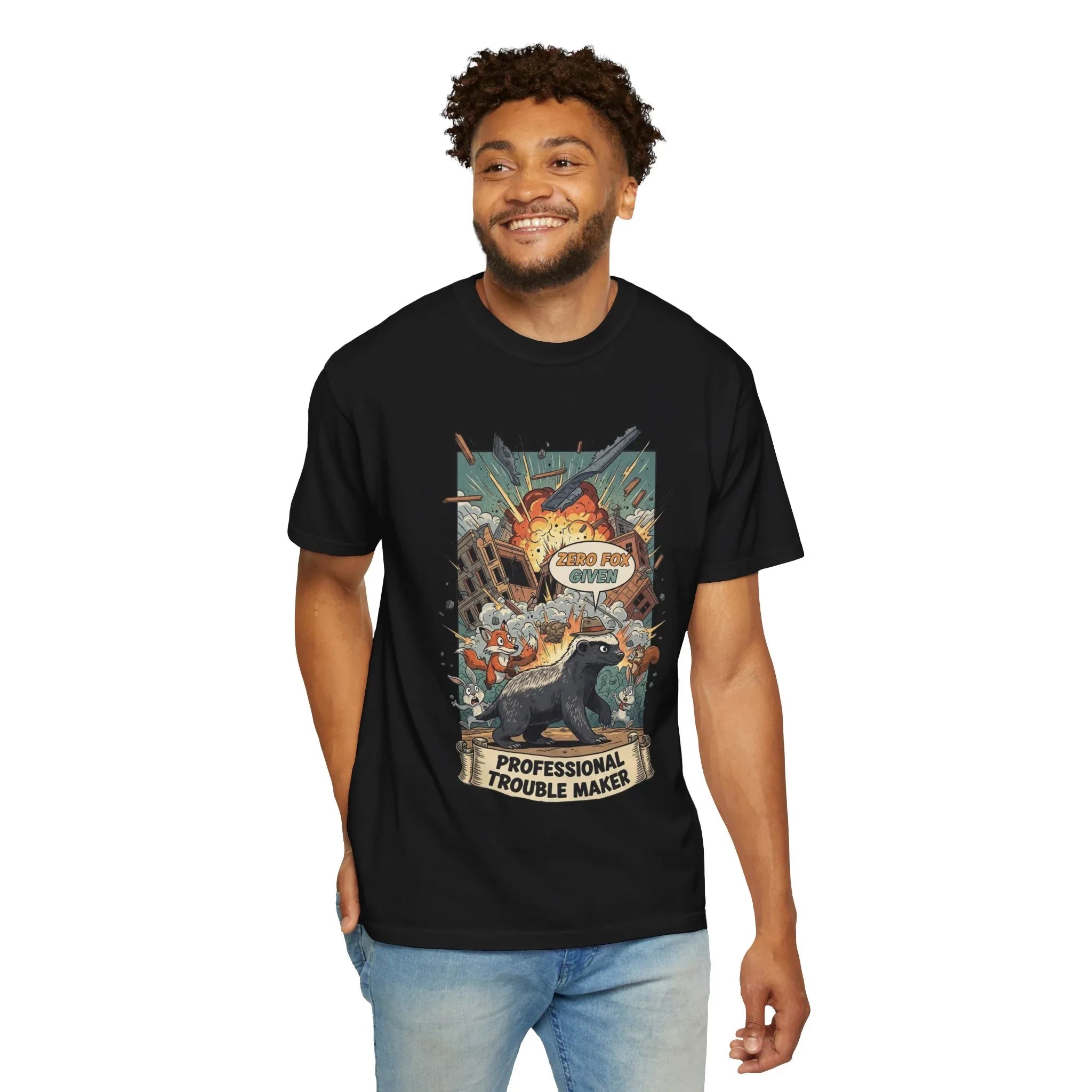Funny Honey Badger Shirt - "Zero Fox Given" Hoodie - Professional Trouble Maker Tee - Retro Comic Style Graphic - Cool Animal Meme Gift for Sarcastic Men & Women