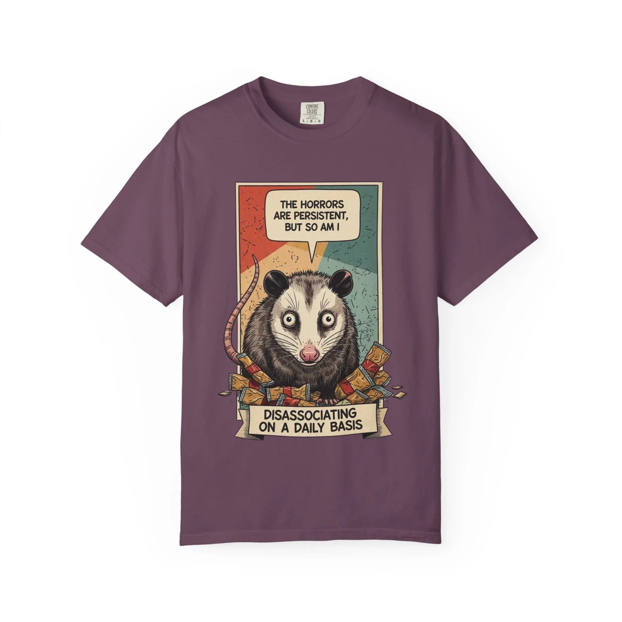 Funny Opossum Shirt - "The Horrors Are Persistent But So Am I" Tee - Mental Health Awareness Gift - Disassociation Meme Sweatshirt - Retro Trash Cat Hoodie Berry M