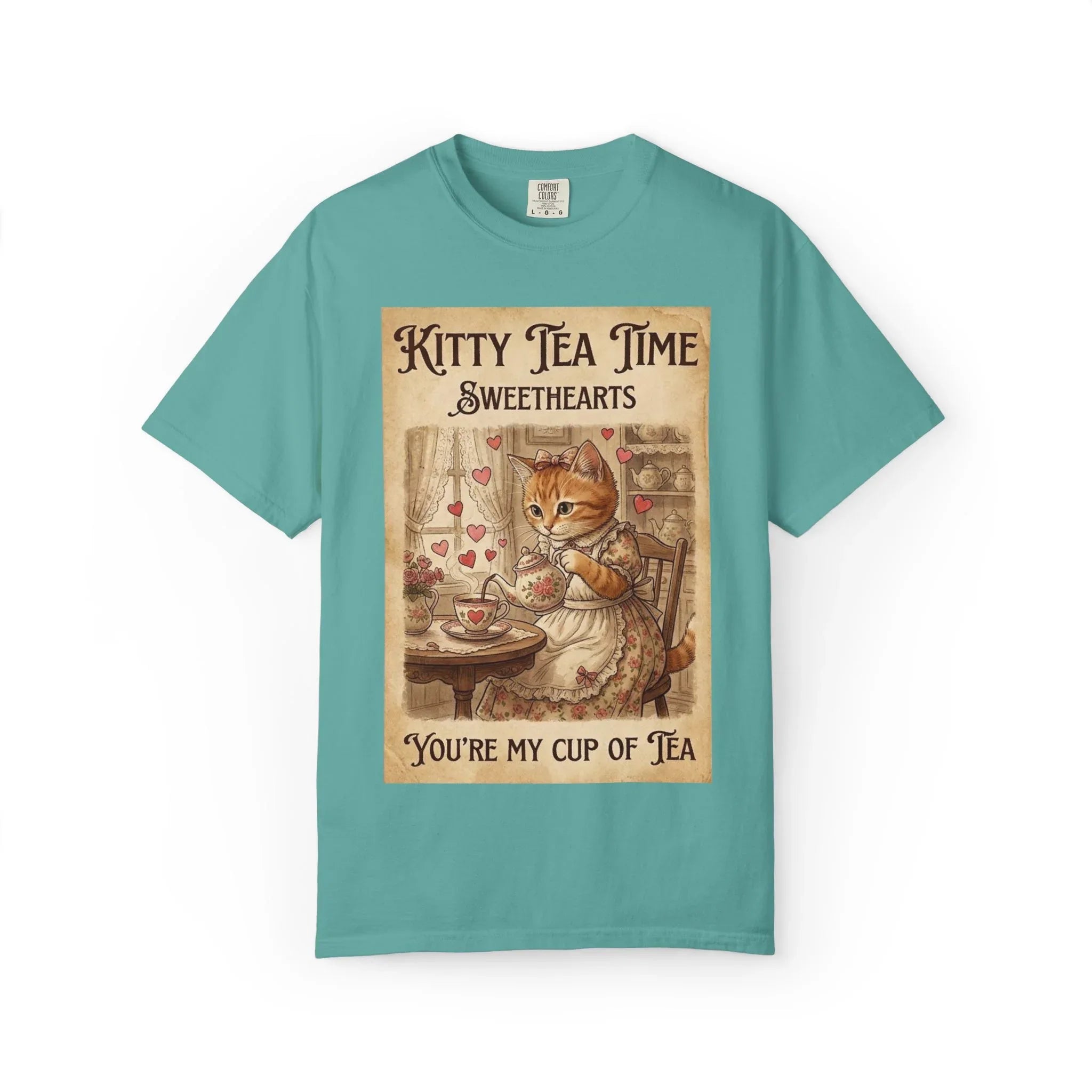 Kitty Tea Time T-Shirt | Vintage Cat Youre My Cup of Tea Graphic Tee | Retro Cozy Cat Lover Gift Shirt Seafoam