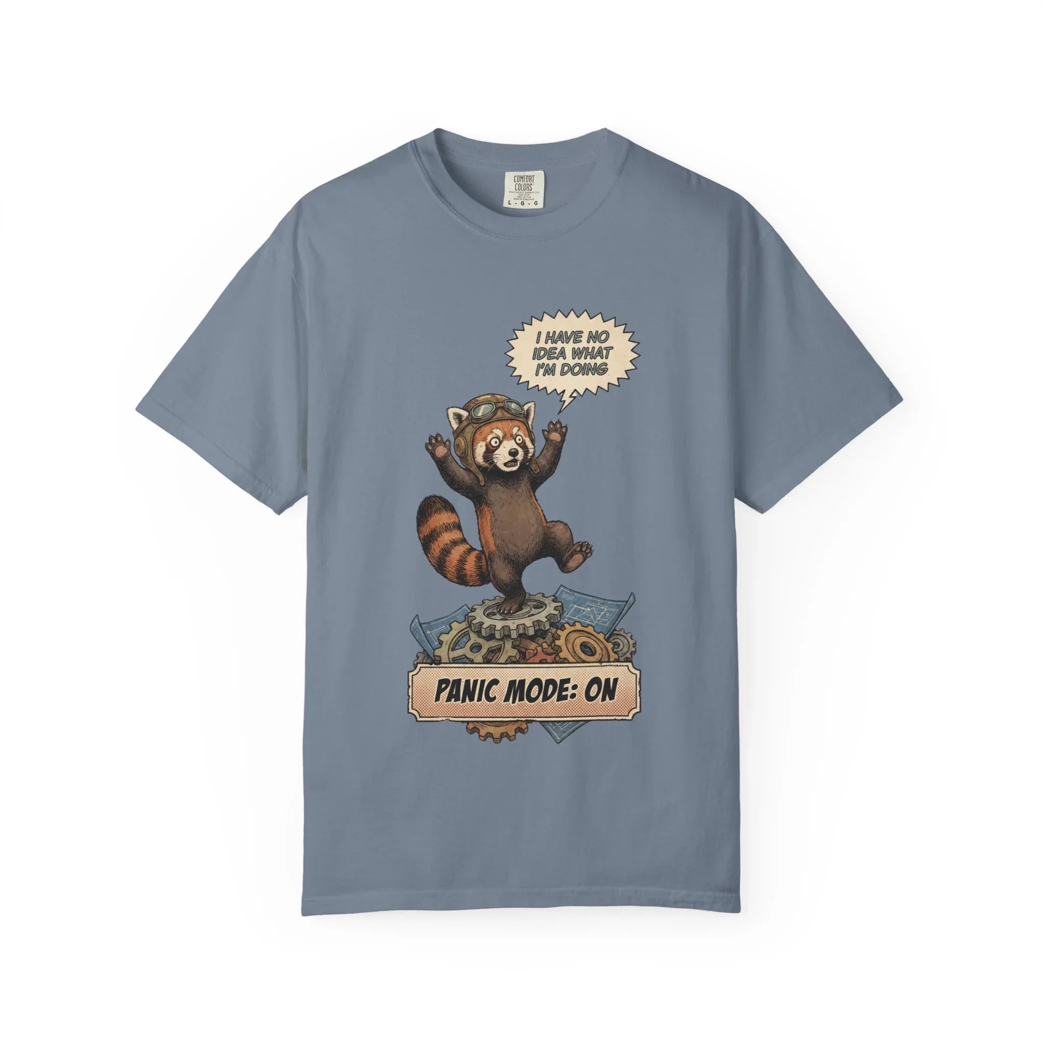 Vintage Red Panda T-Shirt - Funny Engineer Gift - Panicked Pilot Shirt - Imposter Syndrome Meme Tee - Retro Mechanic Animal Graphic - "Panic Mode On" Top Blue Jean