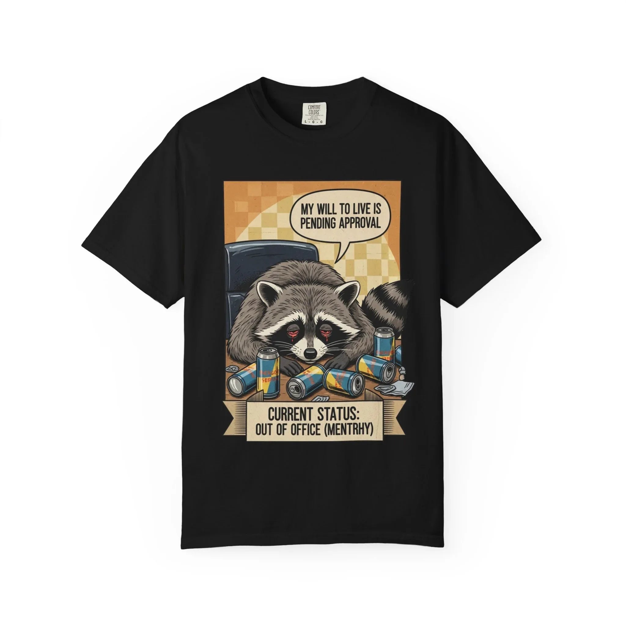 Funny Raccoon Shirt - Mentally Exhausted Office Tee - Retro Trash Panda Corporate Humor - Sarcastic "Pending Approval" T-Shirt - Relatable Coworker Gift & Work From Home Apparel Black