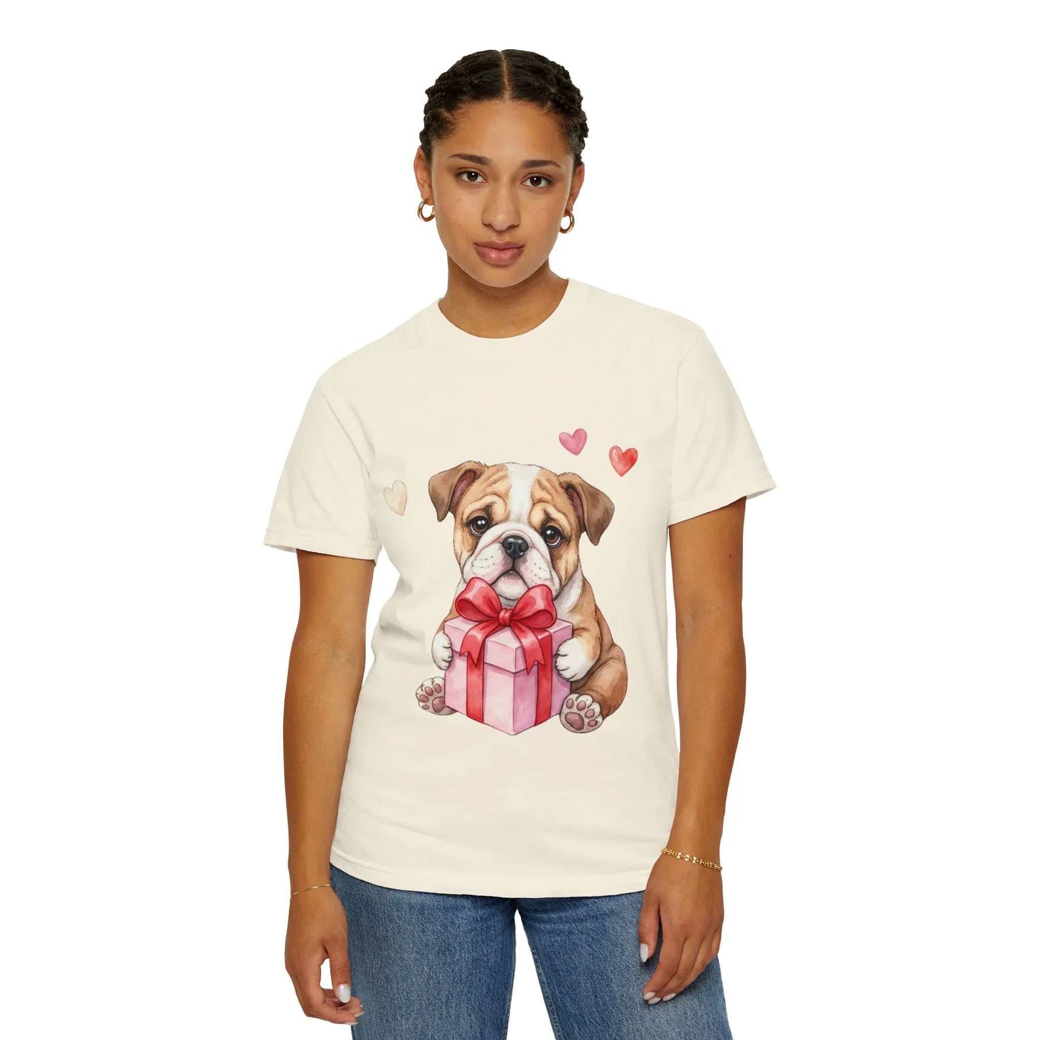 Bulldog Puppy with Gift T-Shirt | Cute Dog Valentine Hearts | Cozy Pet Lover Gift | Soft Vintage Aesthetic Dog Tee