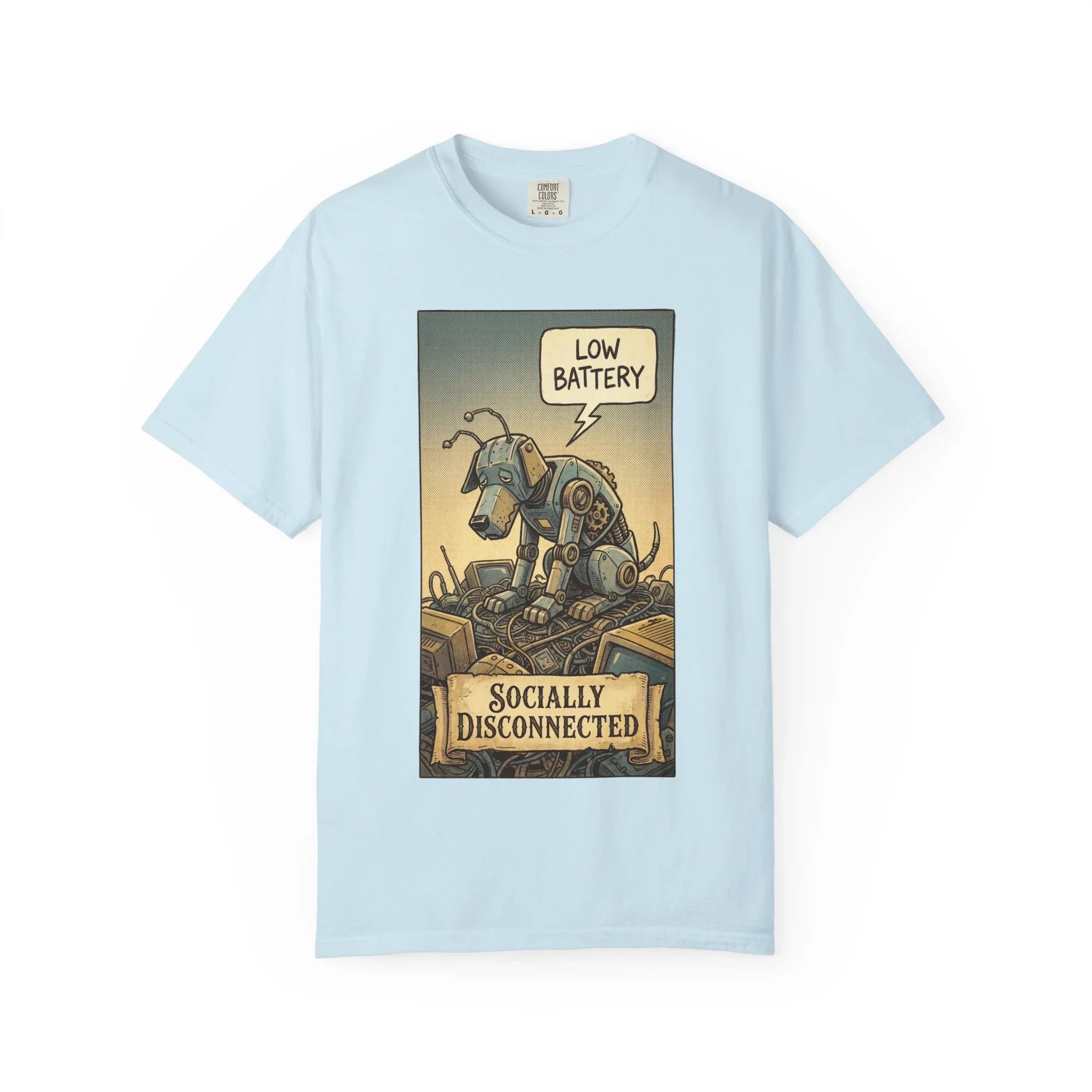 Socially Disconnected Robot Dog Shirt - Vintage Retro Comic Tee - Social Battery Introvert Gift - Satirical Humor Aesthetic T-Shirt - Relatables Low Battery Robot Graphic Tee Chambray