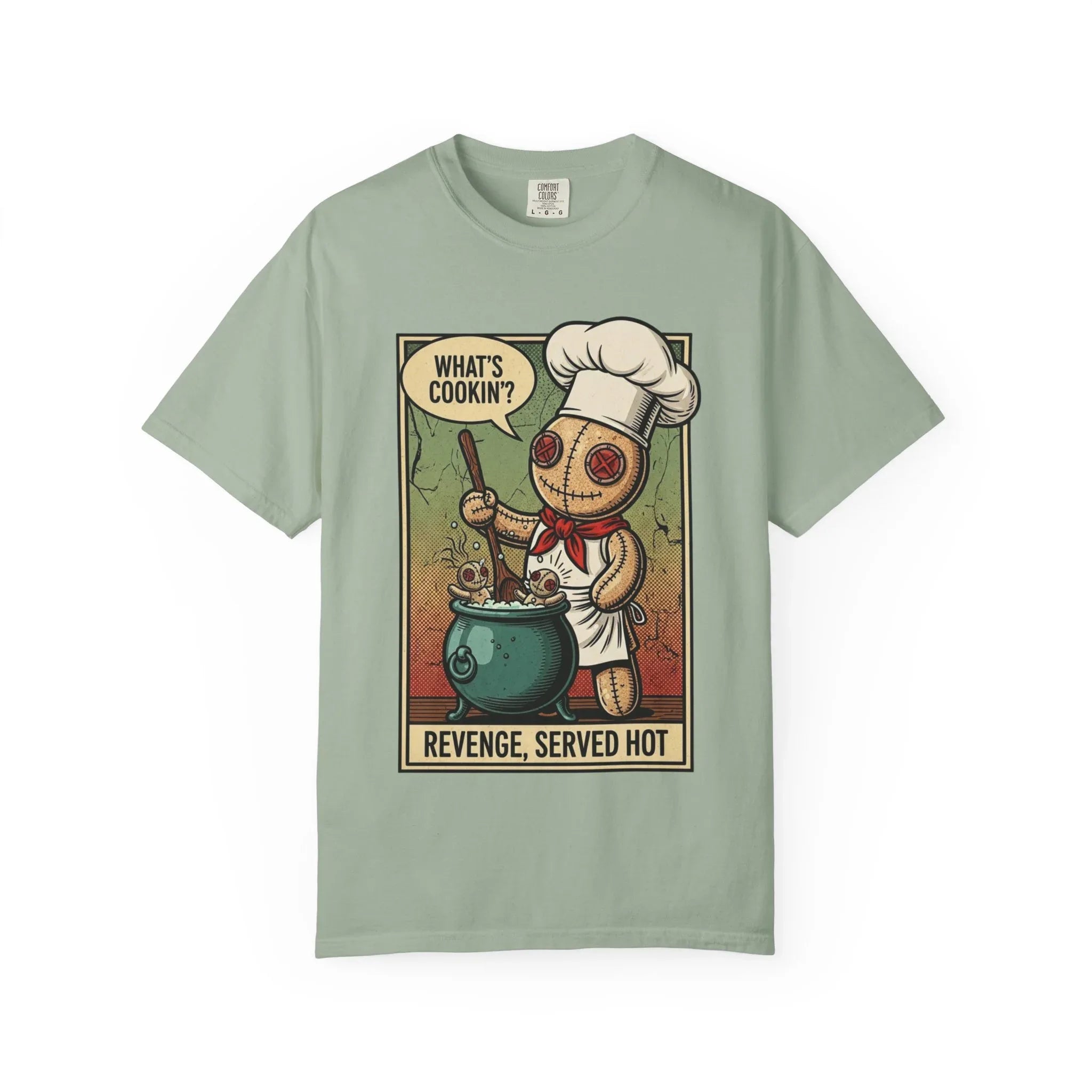 Funny Voodoo Doll "What's Cookin" Revenge Shirt - Sarcastic Chef Graphic Tee - Retro Comic Dark Humor T-Shirt - Vintage Garment-Dyed Revenge Served Hot Tee - Mid-Century Aesthetic Streetwear Bay