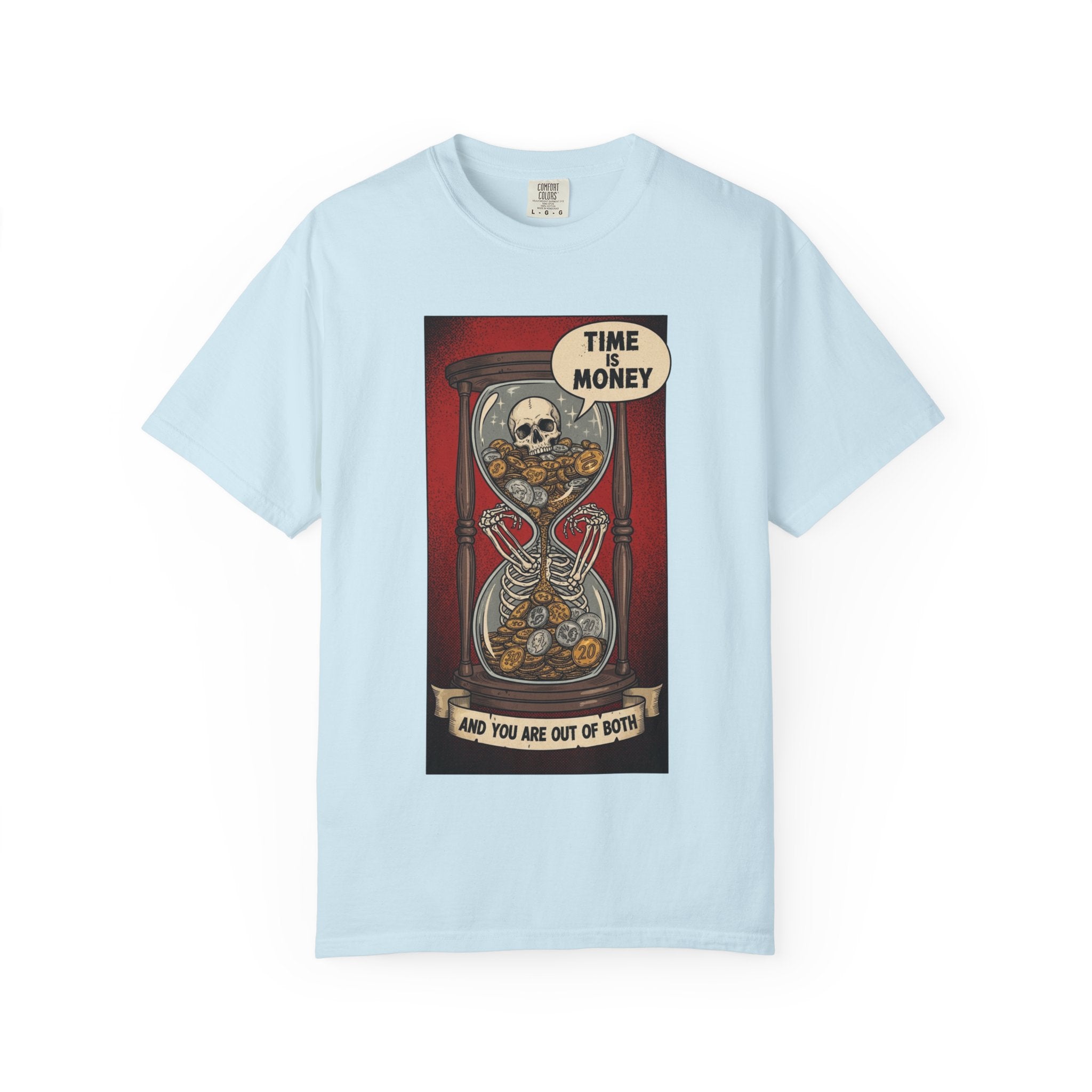 Time is Money and You Are Out of Both Skeleton T-Shirt Vintage Hourglass Skull Graphic Tee Dark Humor Sarcastic Aesthetic Shirt Chambray