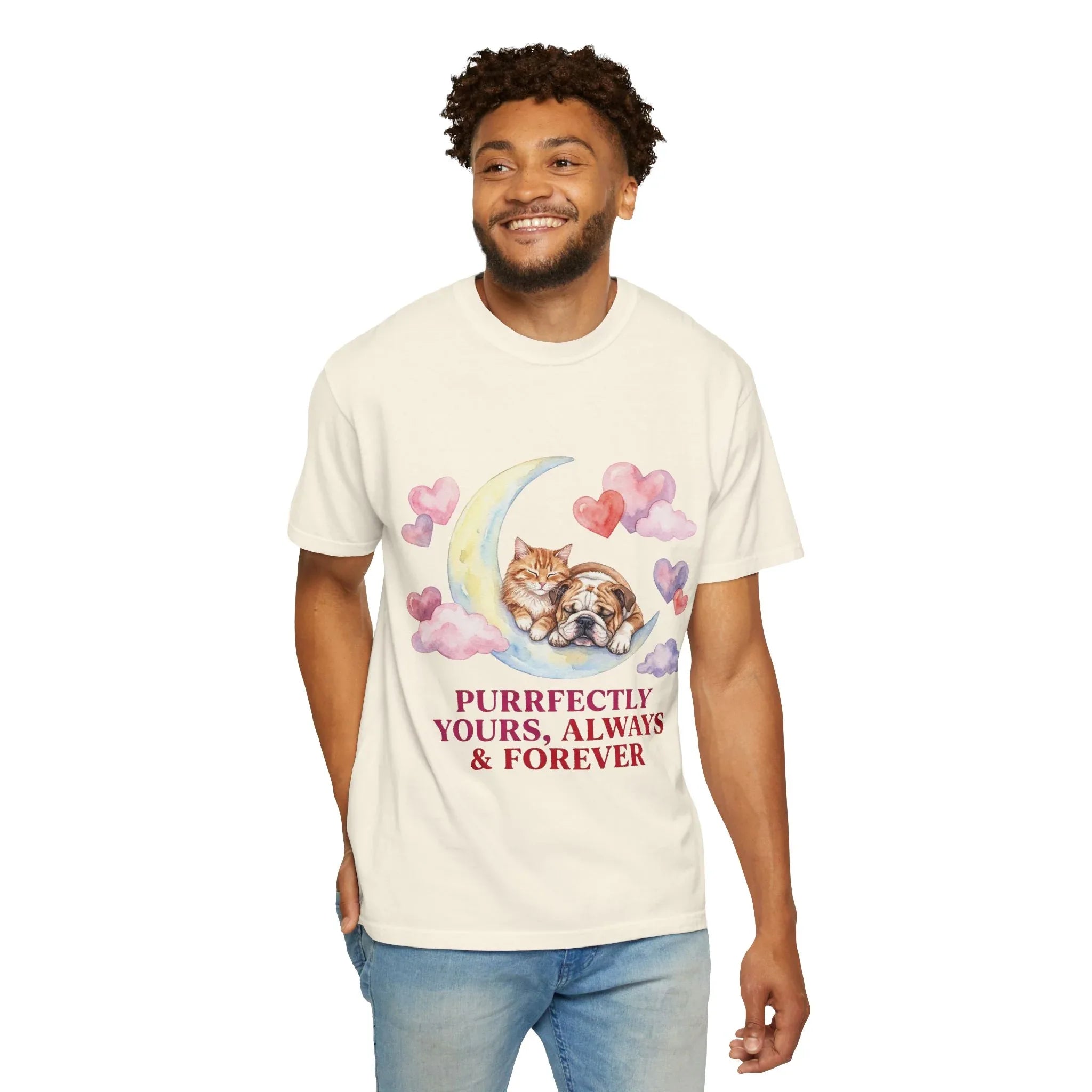 Purrfectly Yours Cat Dog Moon T Shirt Cute Pet Friends Hearts Watercolor Cozy Vintage Aesthetic Gift Pet Lovers Soft Cotton Romantic Tee