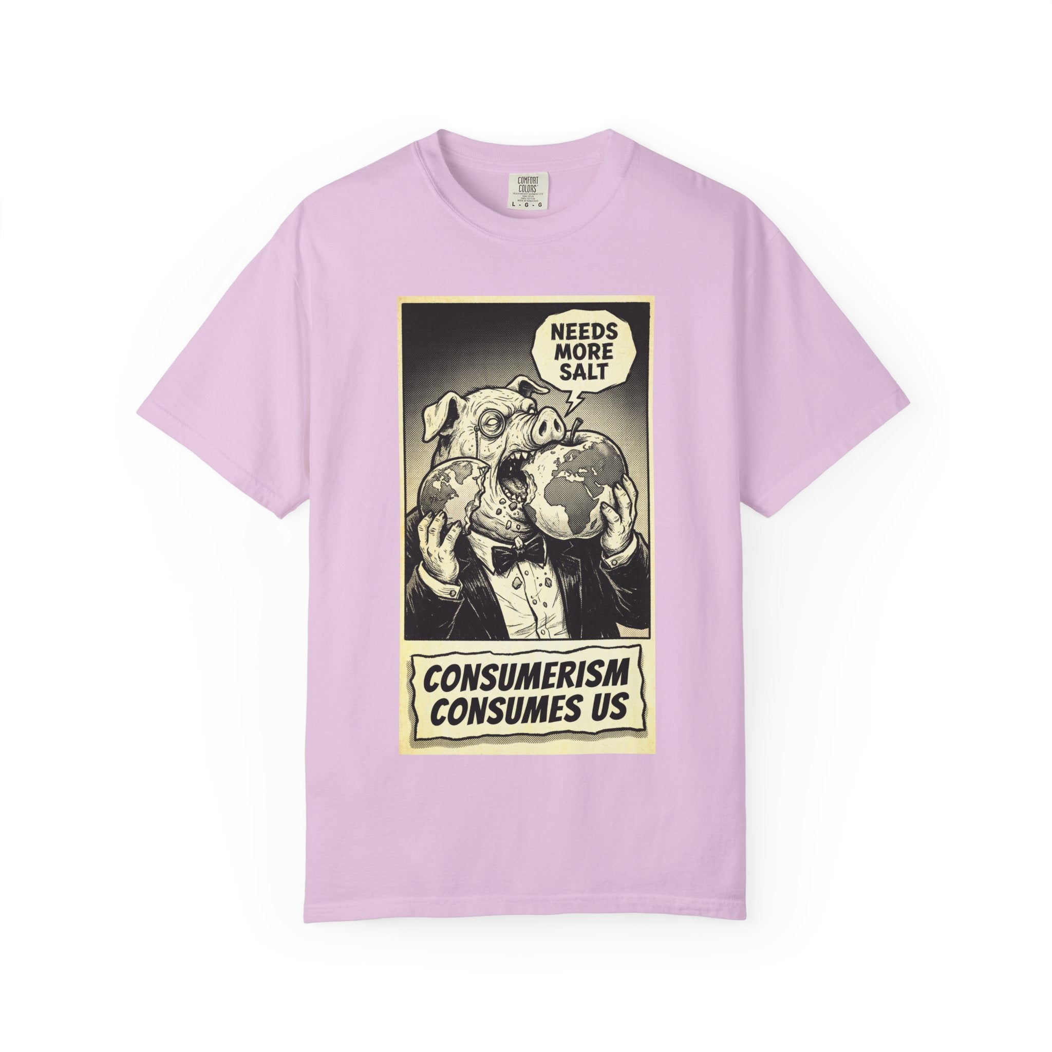 Consumerism Consumes Us T-Shirt | Vintage Satire Corporate Pig Graphic Tee | Anti-Capitalism Activist Apparel Orchid