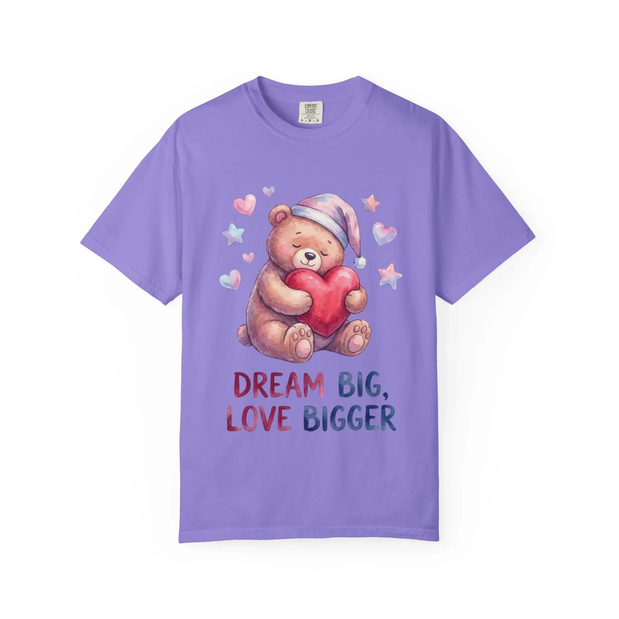 Teddy Bear Holding Heart Dream Big Love Bigger T Shirt Watercolor Cozy Vintage Aesthetic Gift Lovers Soft Cotton Motivational Tee Violet