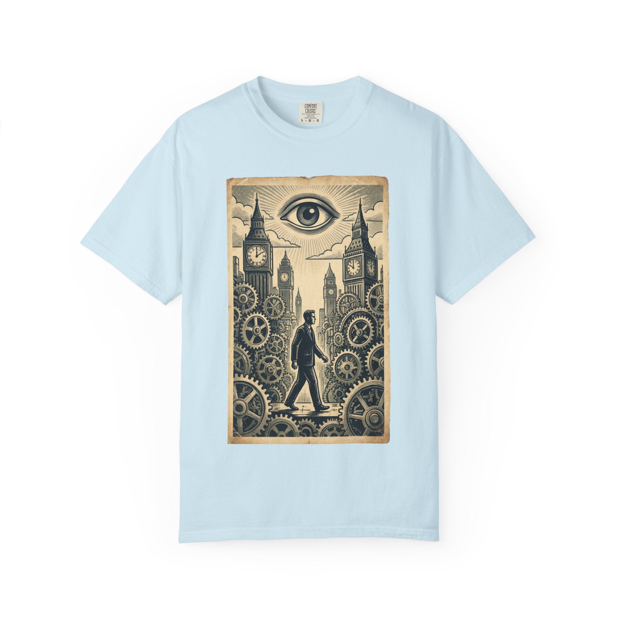 The Corporate Cog T-Shirt - Clockwork System Satire Tee - Funny Office Humor Shirt - Vintage Retro Propaganda Graphic - Sarcastic Work Gift Chambray