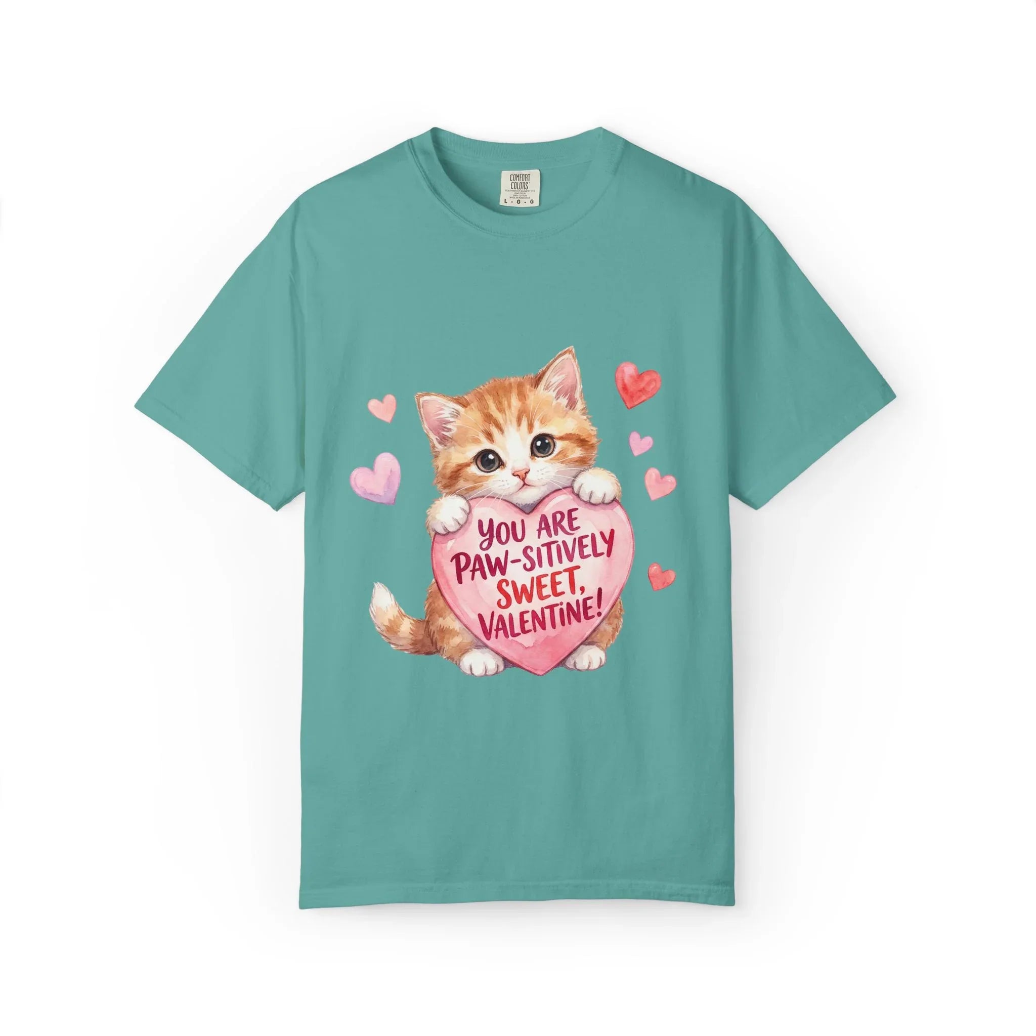 Paw-sitively Sweet Valentine Kitten T-Shirt | Cute Cat Lover Gift | Vintage Aesthetic Love Tee | Soft Cozy Valentine Shirt Seafoam