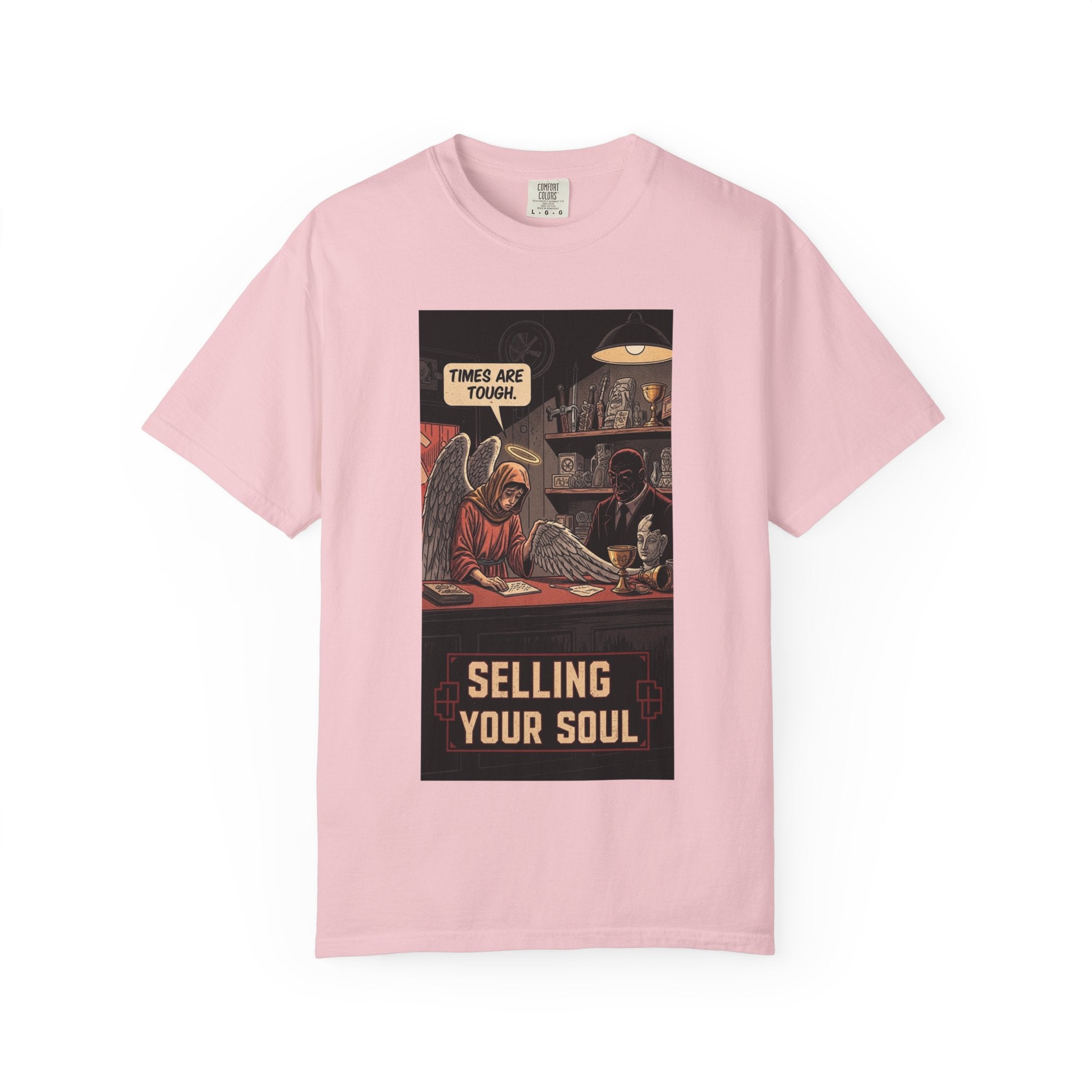 Selling Your Soul Shirt - Vintage Pawn Shop Satire Tee - Angel Social Commentary T-Shirt - Dark Humor Philosophy Gift - Retro Comic Graphic Apparel Blossom