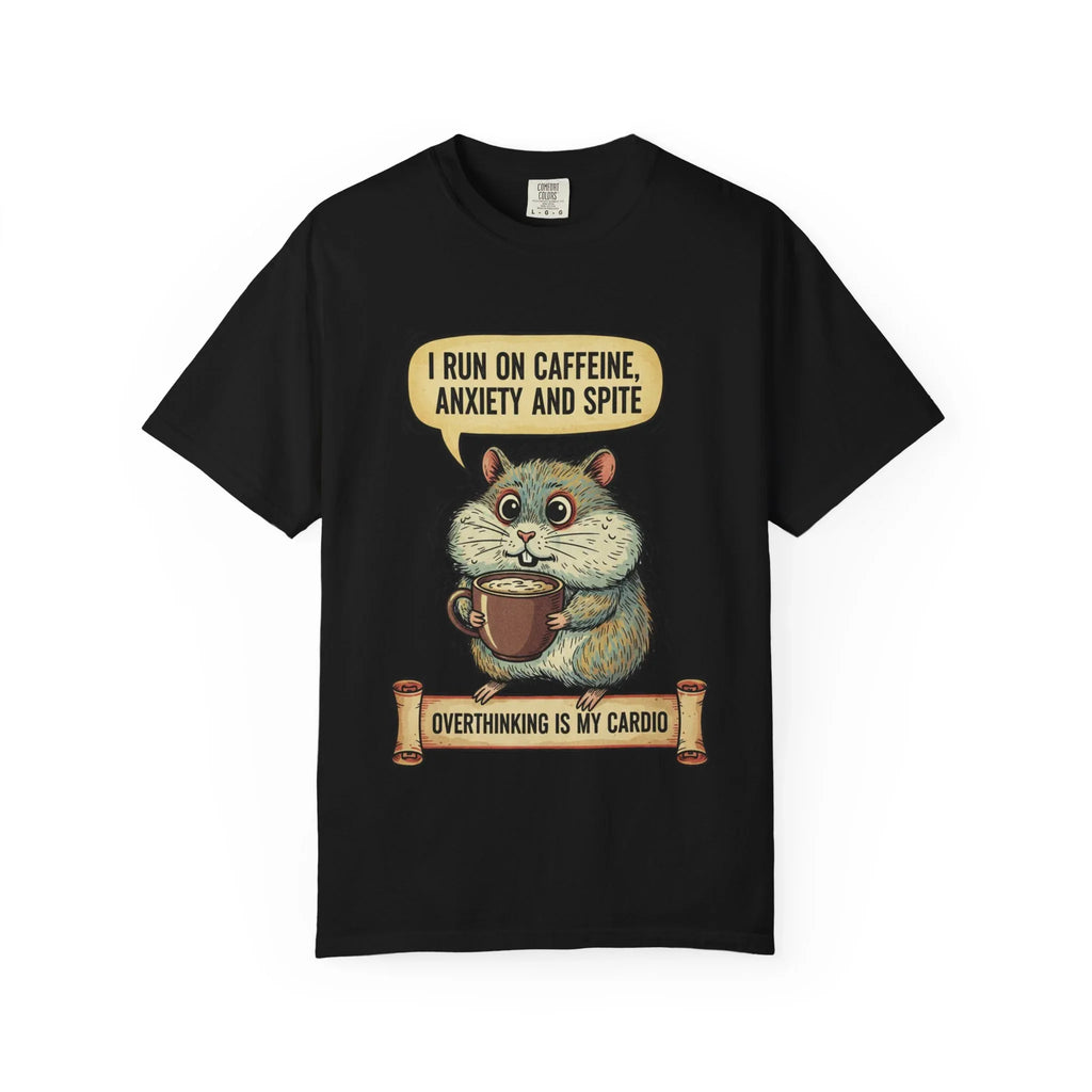 Funny Hamster Coffee Shirt - "Overthinking is My Cardio" T-Shirt - Caffeine Anxiety and Spite Gift - Sarcastic Mental Health Graphic Tee - Retro Jittery Hamster Overthinker Gift Black