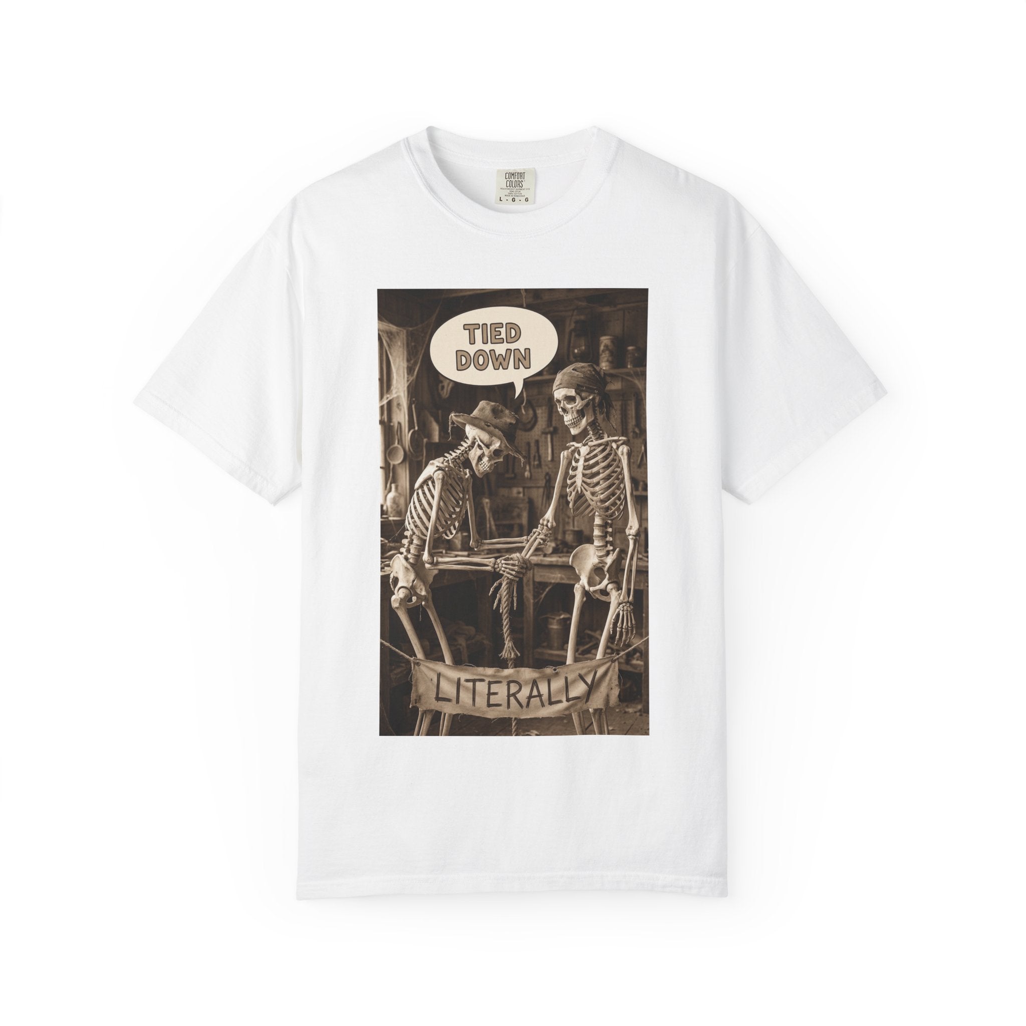 🪢 Tied Down Literally – Vintage Skeleton Satire & Dark Humor Streetwear Unisex Garment-Dyed T-shirt White