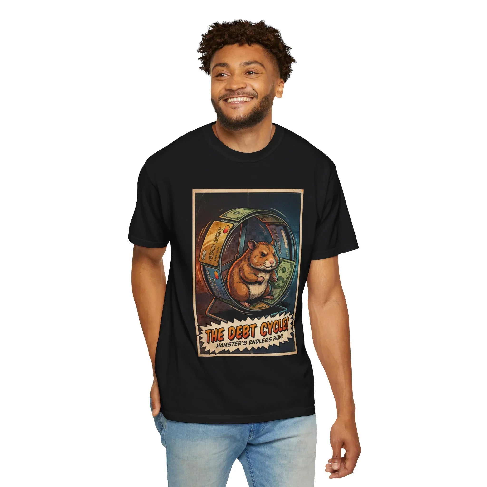 Funny Debt Cycle Hamster Shirt - Retro Comic Satire T-Shirt - Financial Humor Graphic Tee - Vintage Credit Crunch Money Art - Sarcastic Credit Card Debt Gift