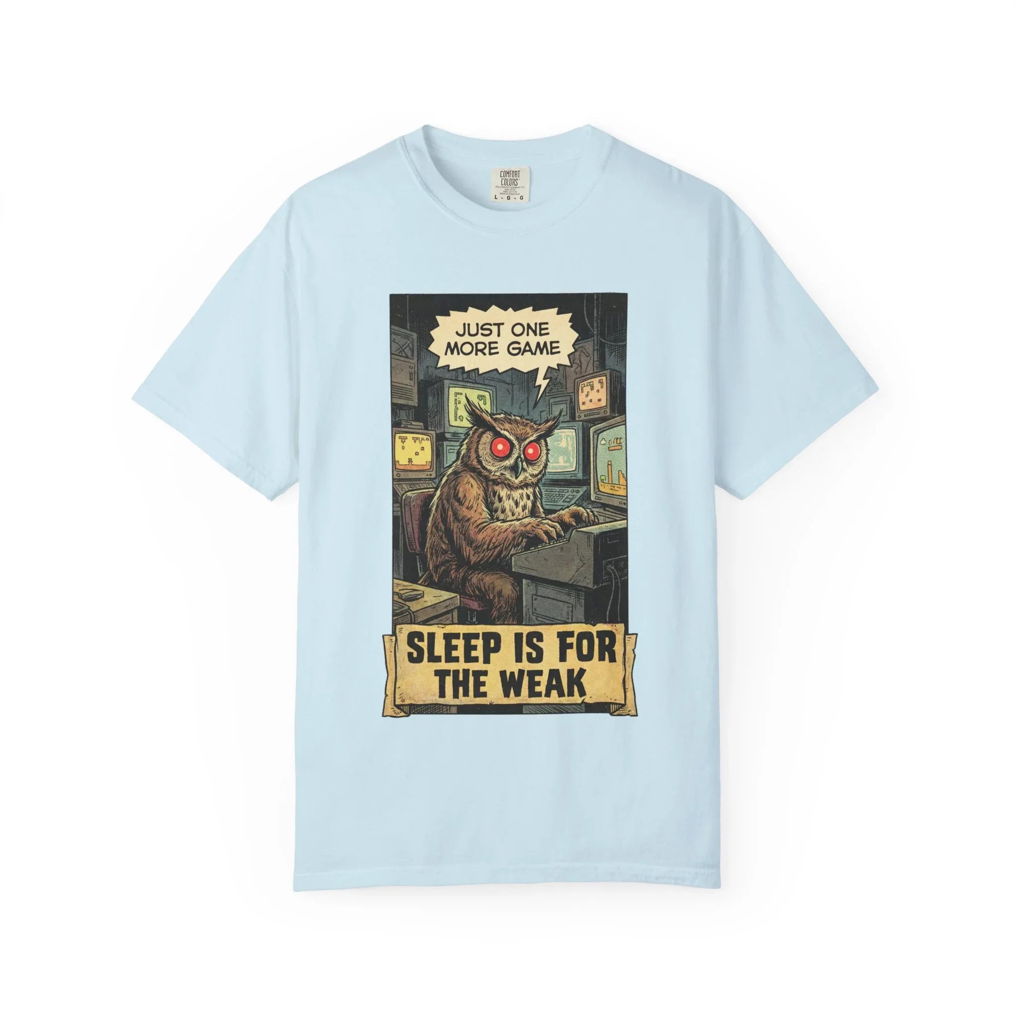 Funny Gamer Owl Shirt - "Just One More Game" Retro T-Shirt - Sarcastic Sleep is for the Weak Graphic Tee - Vintage Night Owl Gaming Gift - Gamer Husband & Boyfriend Gift Chambray