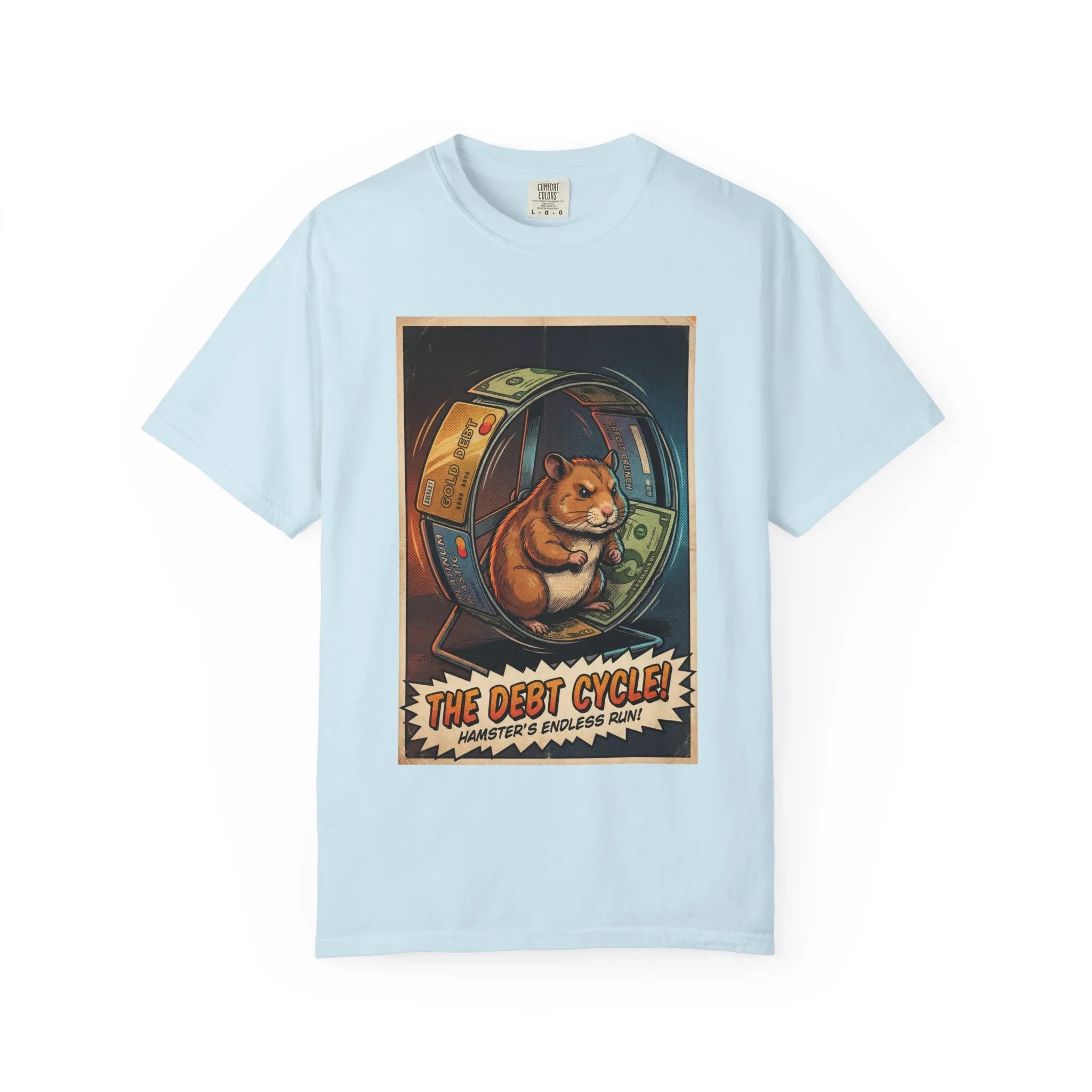 Funny Debt Cycle Hamster Shirt - Retro Comic Satire T-Shirt - Financial Humor Graphic Tee - Vintage Credit Crunch Money Art - Sarcastic Credit Card Debt Gift Chambray