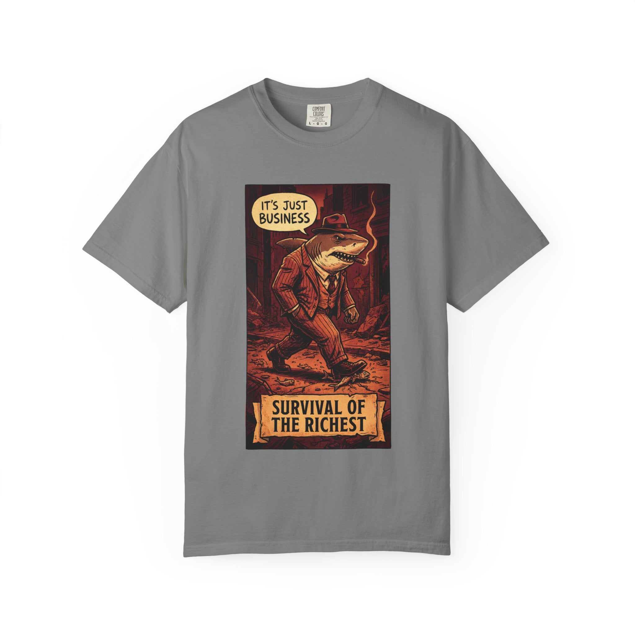 Survival of the Richest Vintage Comic Shirt | Retro Business Shark Satire Tee | Dark Humor Corporate Streetwear Grey