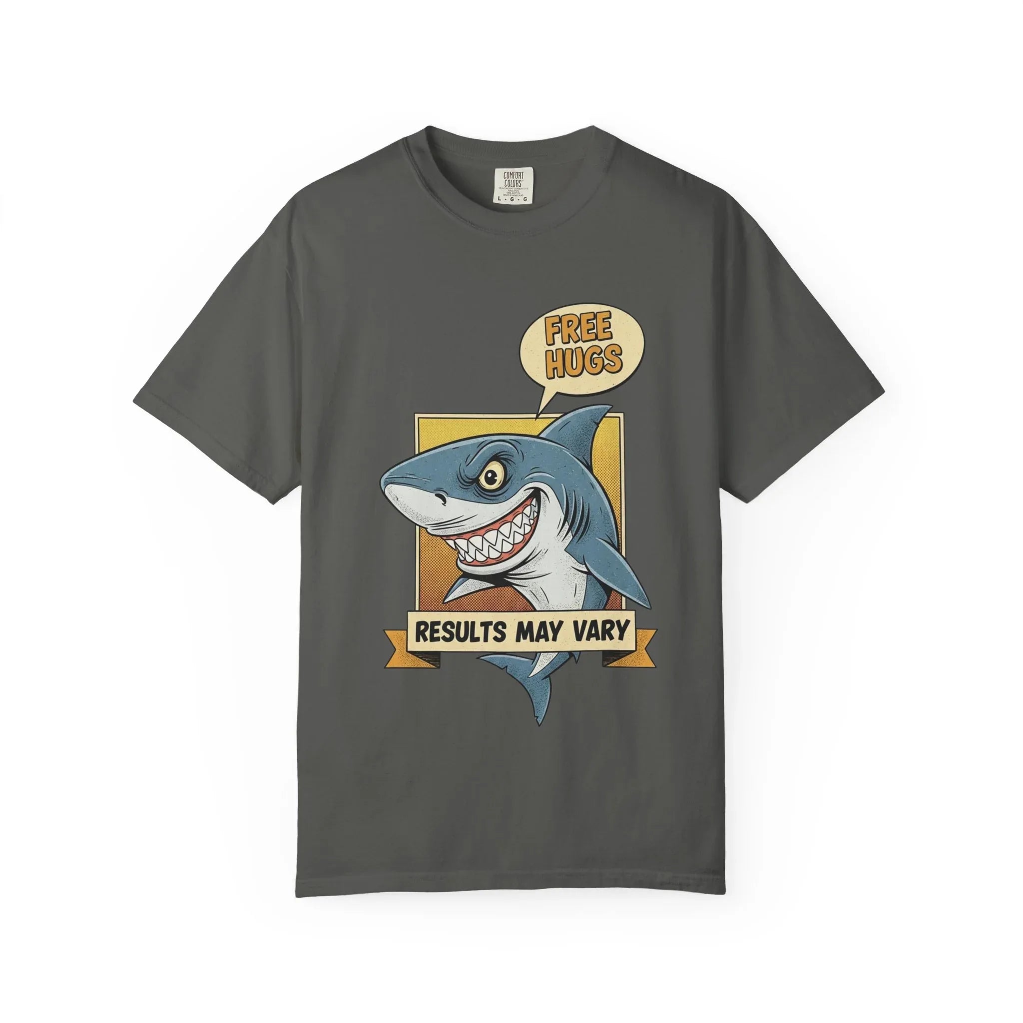 Funny Shark Shirt - "Free Hugs" Sarcastic Vintage Graphic Tee - Results May Vary Dark Humor Gift - Retro Great White Shark Top - Men's & Women's Dad Joke Clothing
