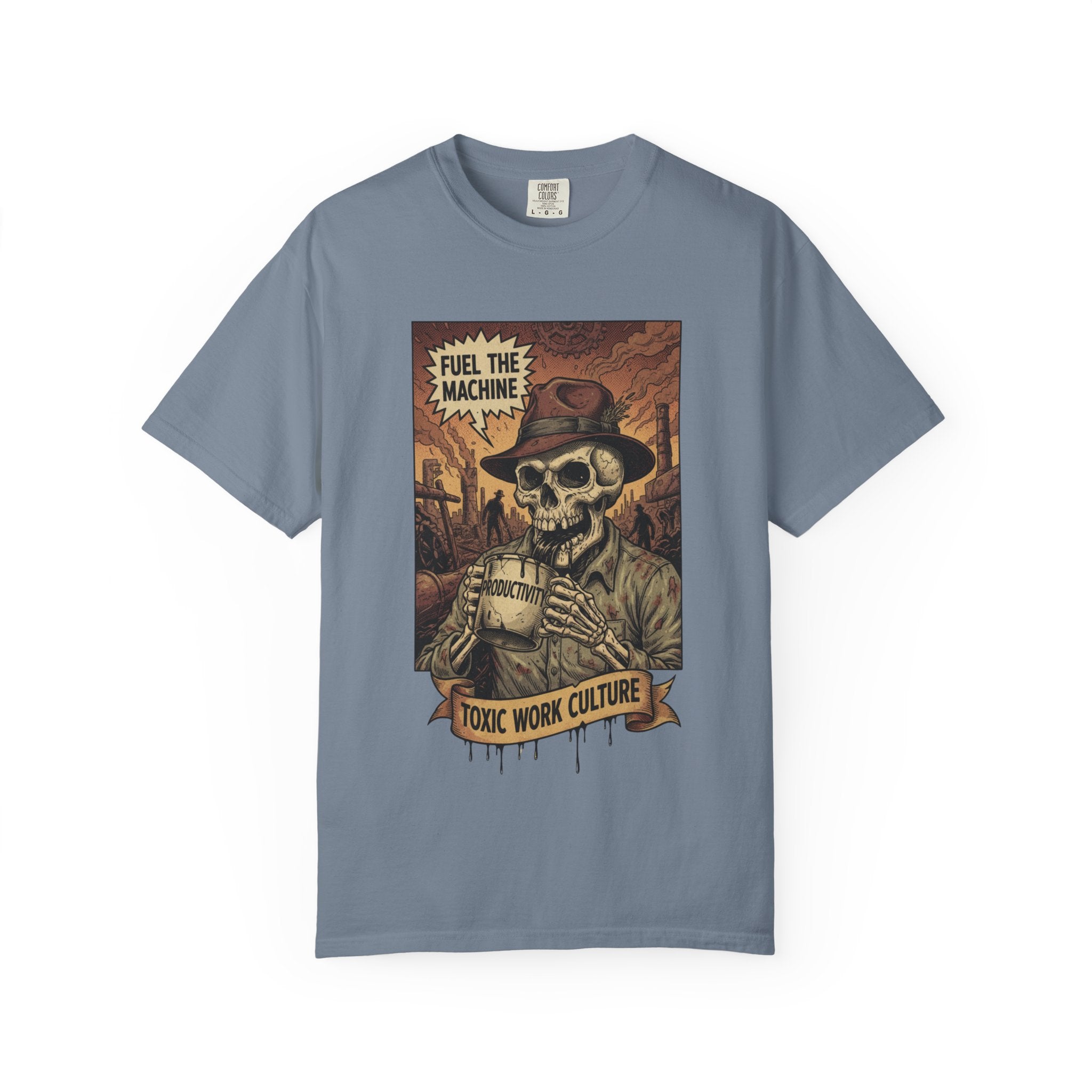 Fuel The Machine Shirt Vintage Skeleton Graphic Tee Anti Work Culture Satire Gift Funny Productivity Burnout T-Shirt Retro Industrial Grunge Blue Jean