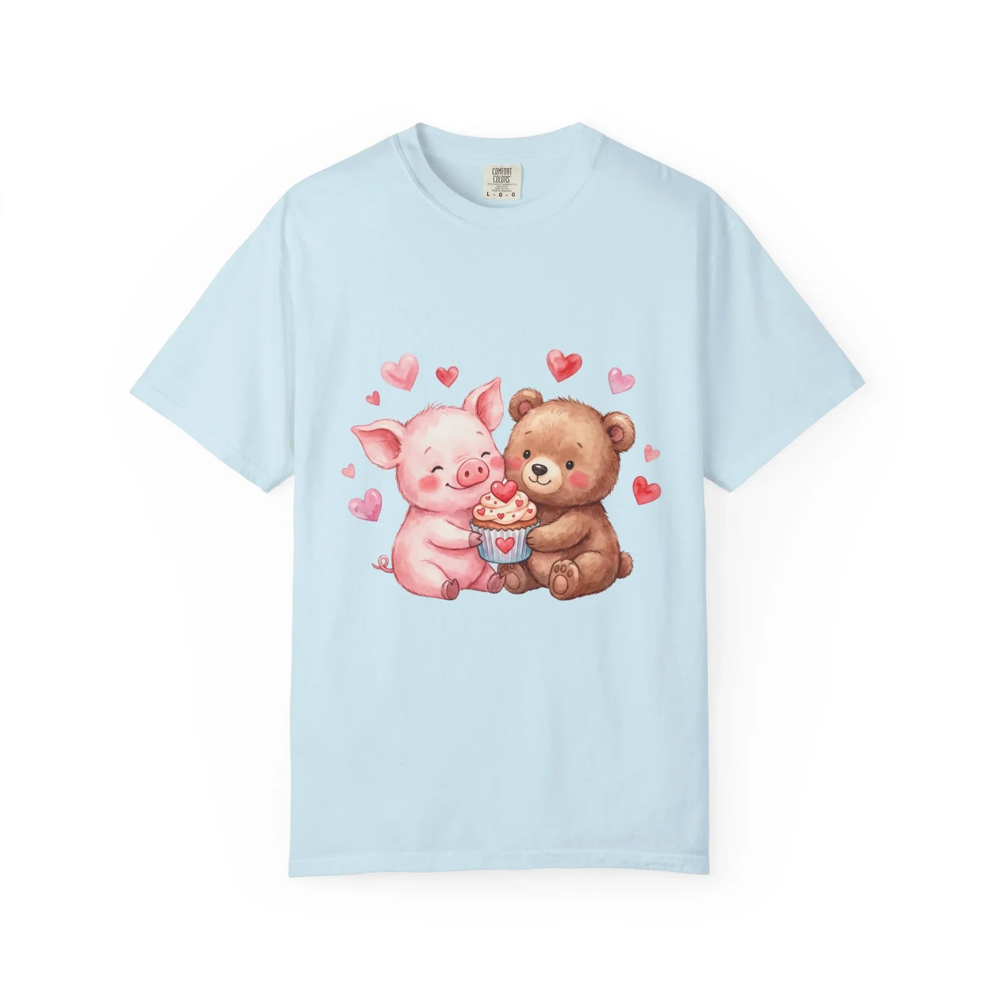 Cute Pig Bear Heart Cup Valentine T Shirt Watercolor Cozy Vintage Aesthetic Gift Animal Lovers Soft Cotton Romantic Tee Chambray