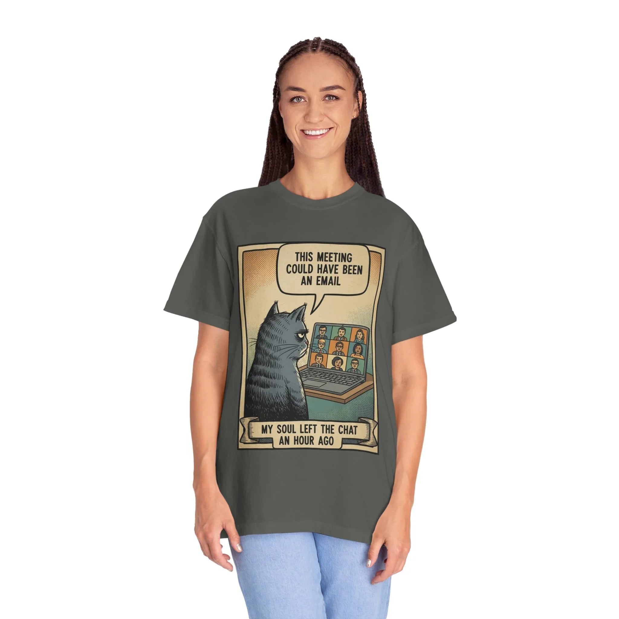 Funny Cat Work Shirt - "My Soul Left The Chat" Sarcastic Tee - Office Humor Gift for Coworker - Video Call Fatigue Meme Top - Work From Home (WFH) Uniform
