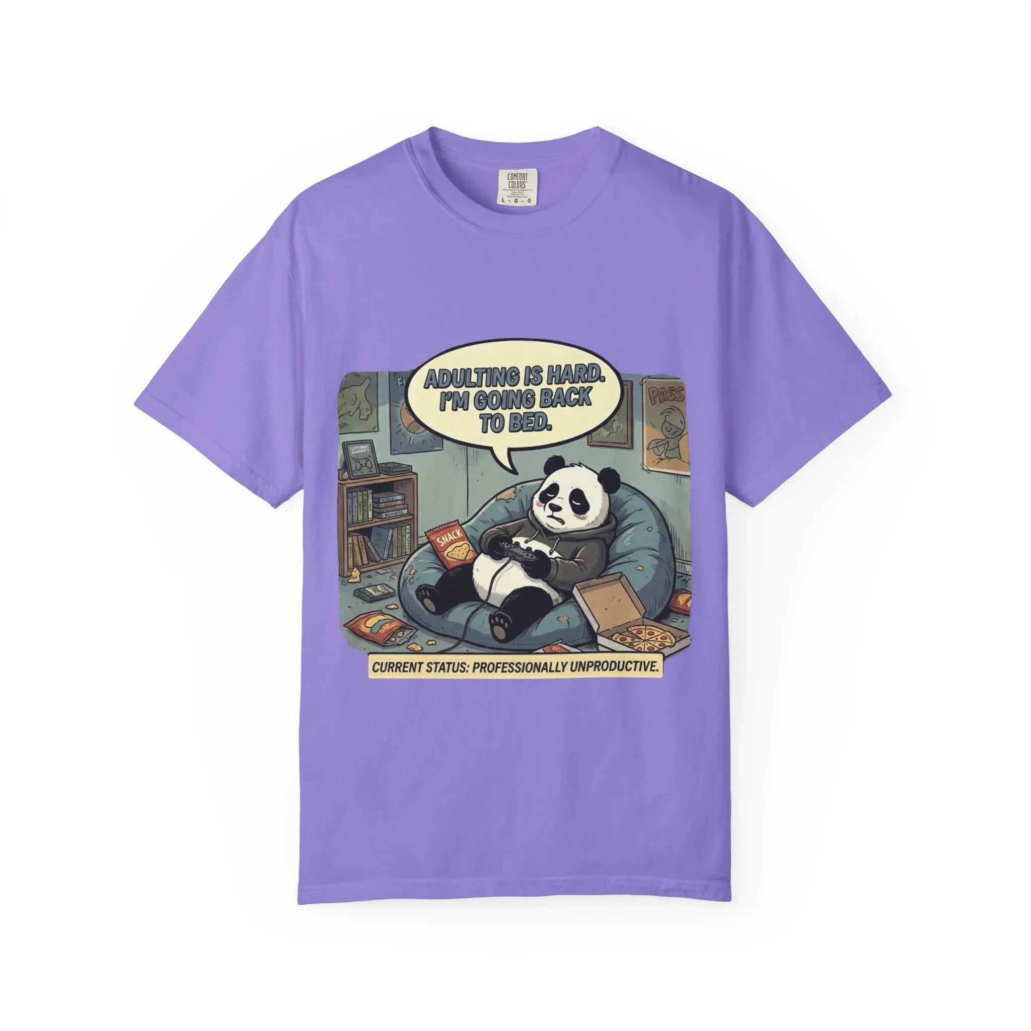 Adulting Is Hard Panda T-Shirt | Lazy Reading Graphic Tee | Cozy Bookworm Humor Gift | Vintage Anti Hustle Comic Shirt Violet