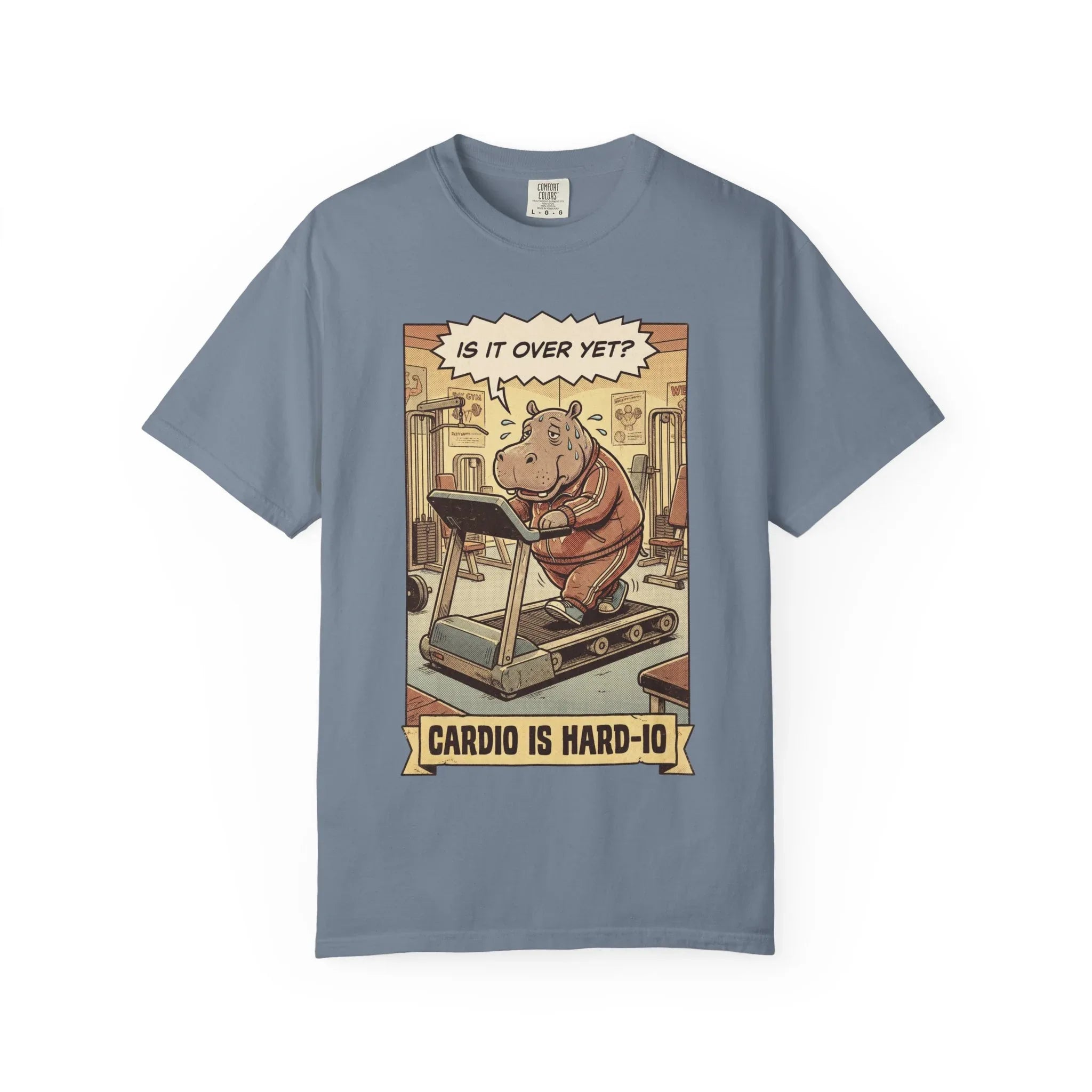 Funny Hippo Gym Shirt - "Cardio is Hard-io" Retro Workout Tee - Sarcastic Fitness Graphic T-Shirt - Vintage Runner & Weightlifter Gift - Humorous Exercise Streetwear Blue Jean