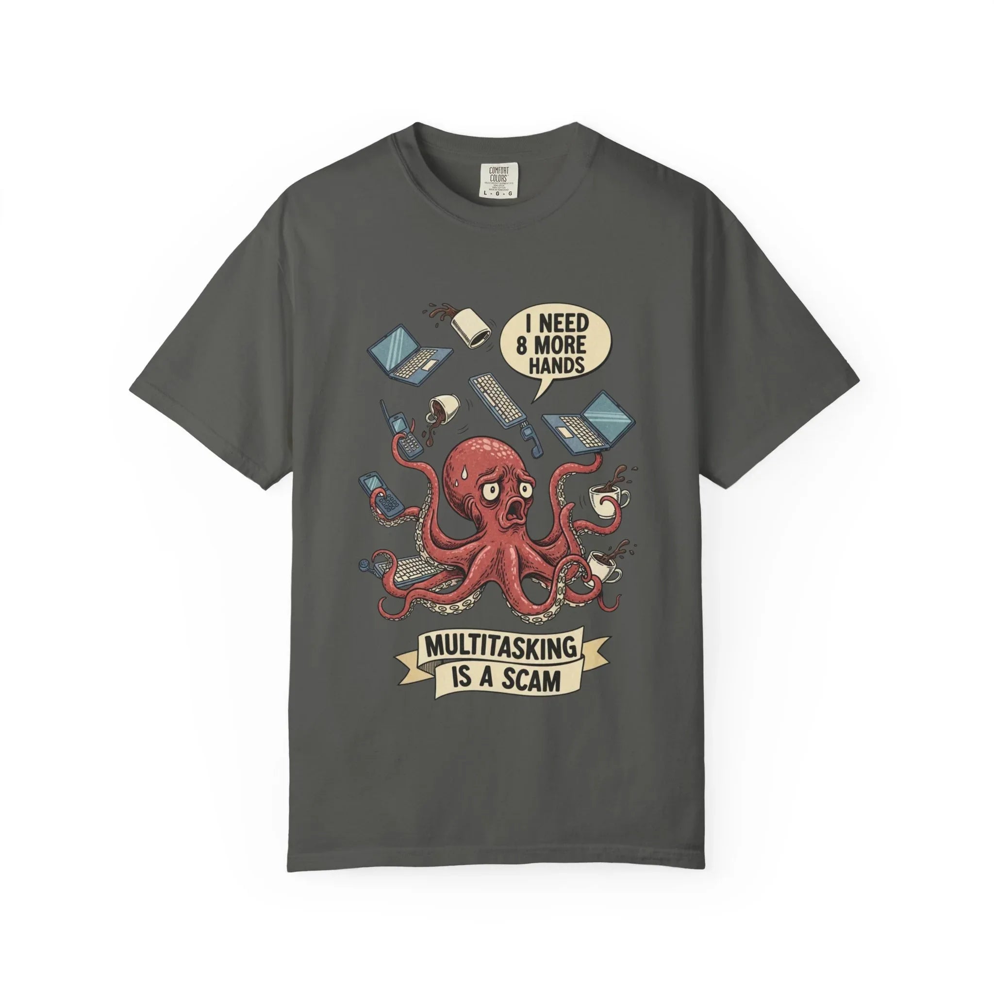 Funny Octopus Shirt - "Multitasking Is A Scam" T-Shirt - Vintage Work Humor Tee - Office Gift for Coworker - Burnout Graphic Tee - Retro Cartoon Top Pepper