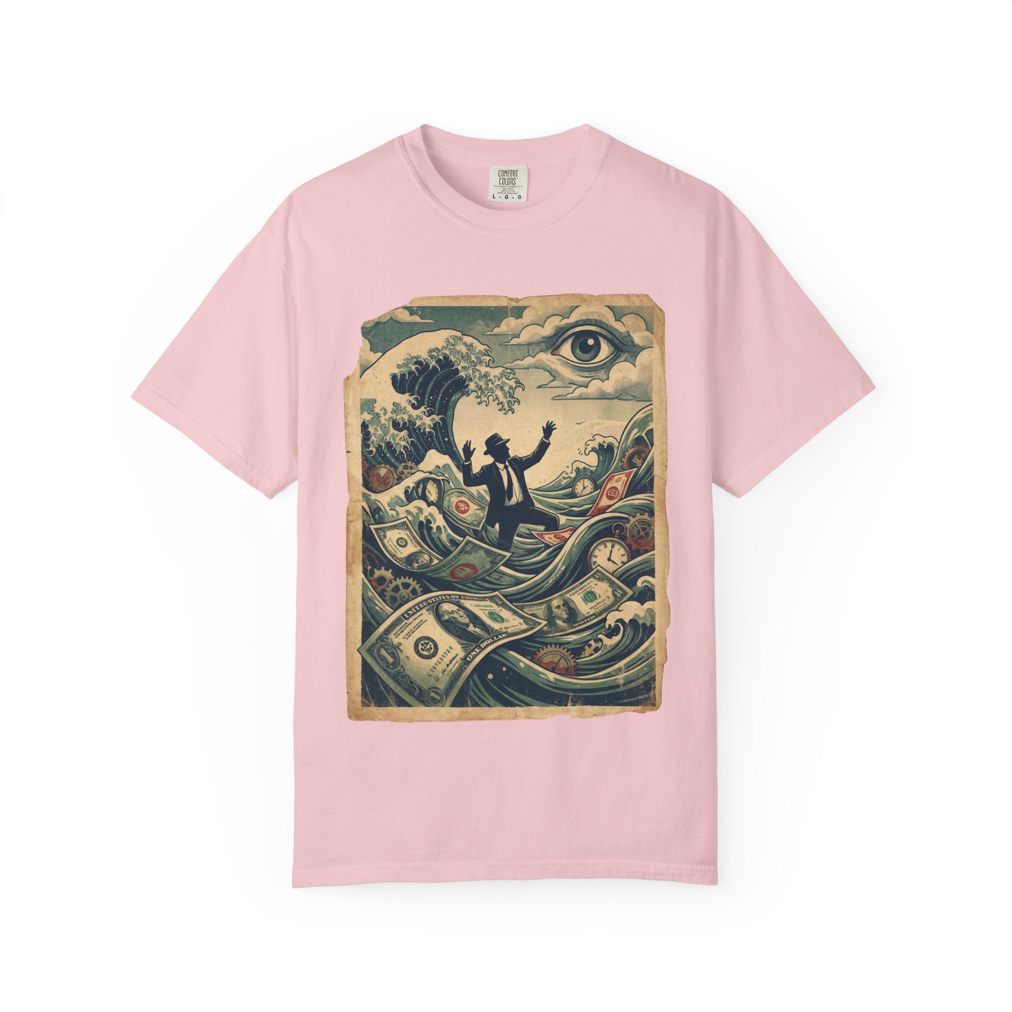 Vintage Dystopian Debt Shirt, All-Seeing Eye Surreal Art Tee, Corporate Overload Graphic, Dark Academia Aesthetic, Gift for Economists, Philosophy Satire Unisex T-Shirt Blossom