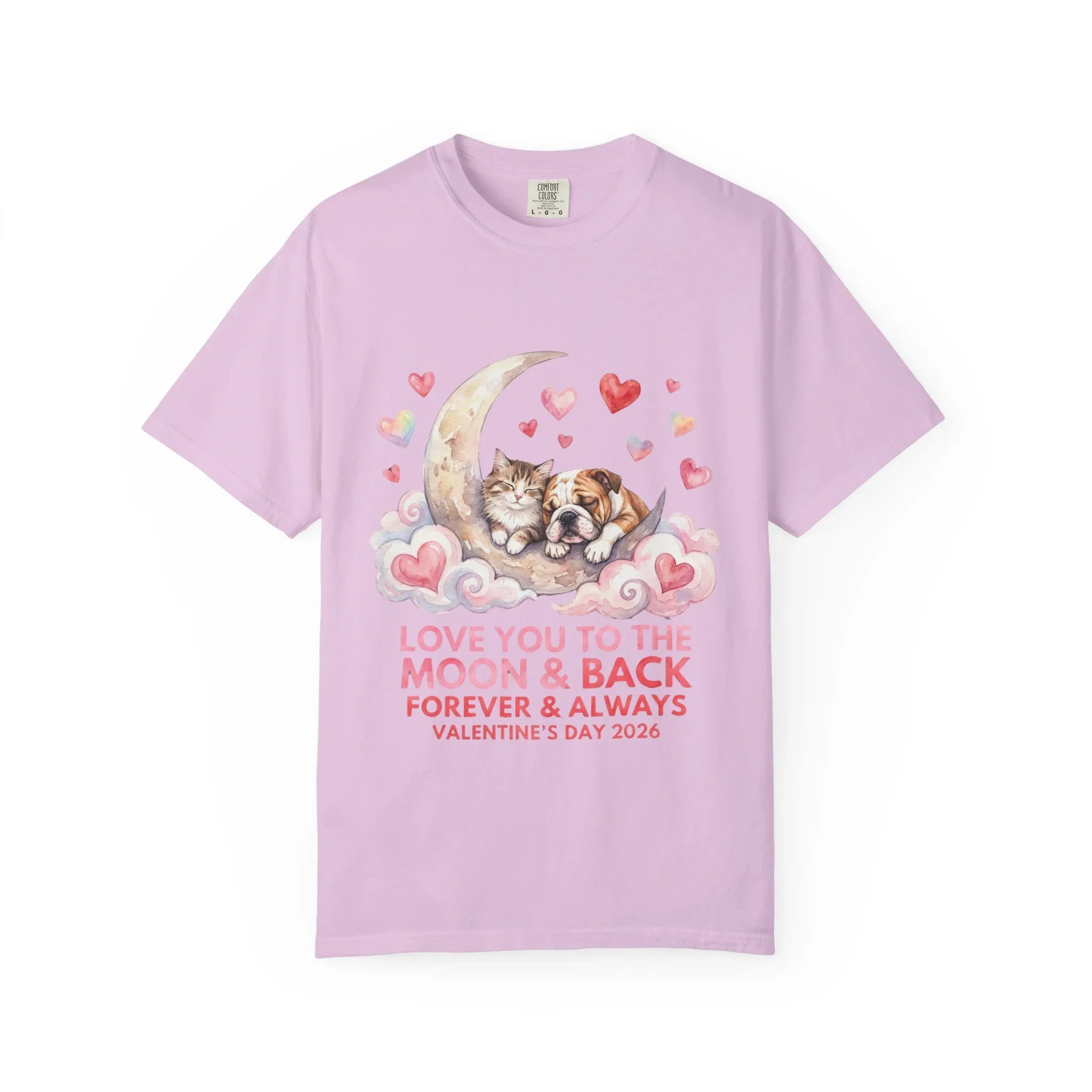 Love You to the Moon and Back Cats T Shirt Cute Kittens Crescent Moon Hearts Watercolor Cozy Vintage Aesthetic Gift Cat Lovers Valentine Tee Orchid