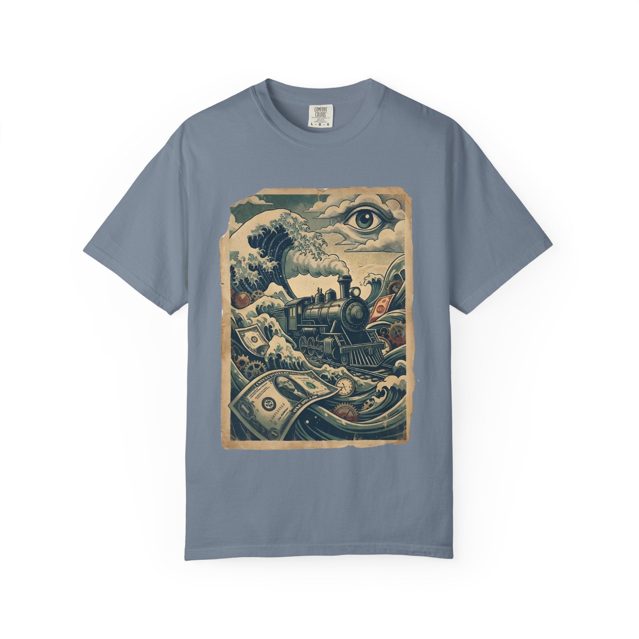 Financial Tsunami T-Shirt - Steam Train Economic Crisis Tee - Vintage Surrealist Satire Shirt - Sarcastic Money Wave Graphic Blue Jean