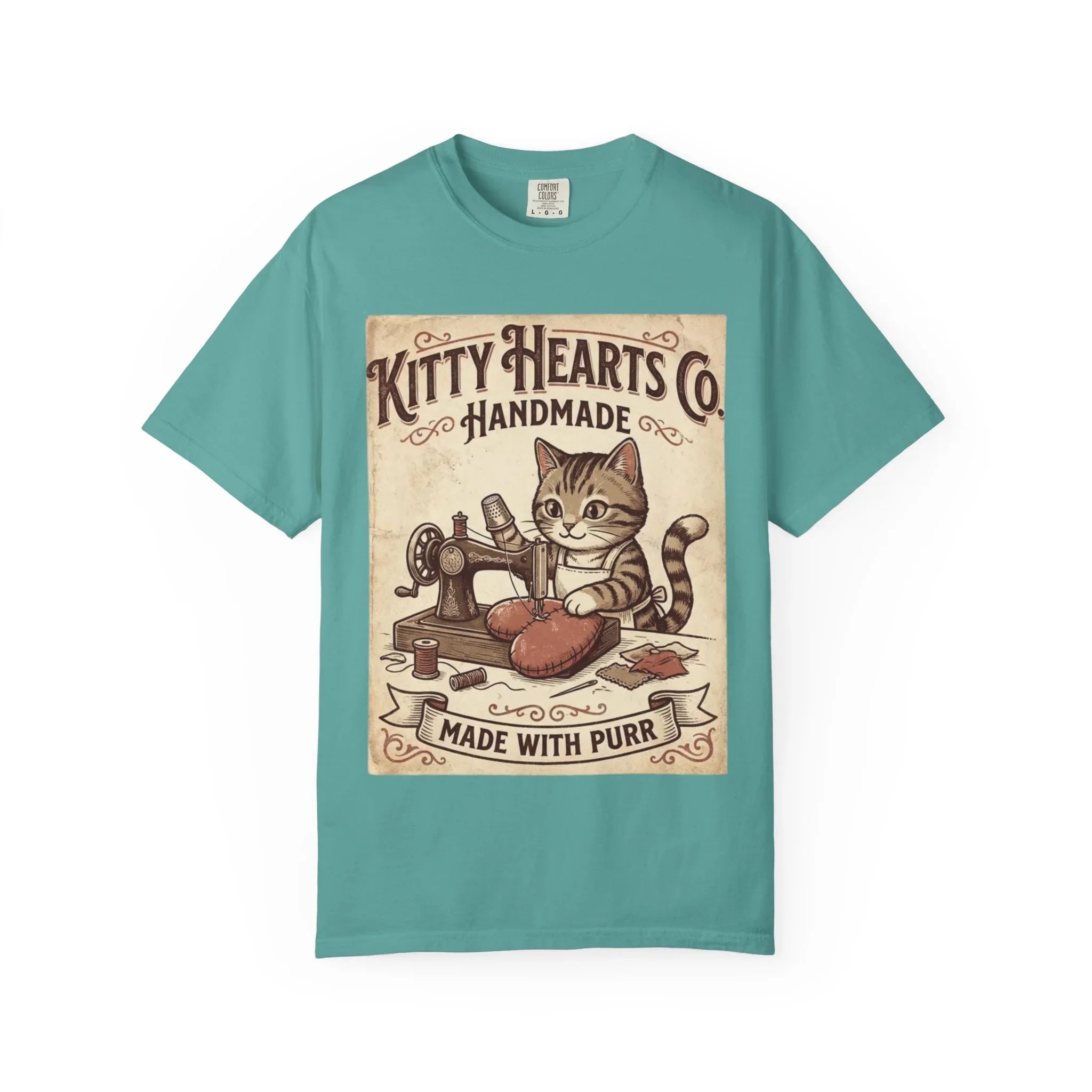 Kitty Hearts Co T-Shirt | Vintage Handmade Cat Sewing Made With Purr Graphic Tee Seafoam