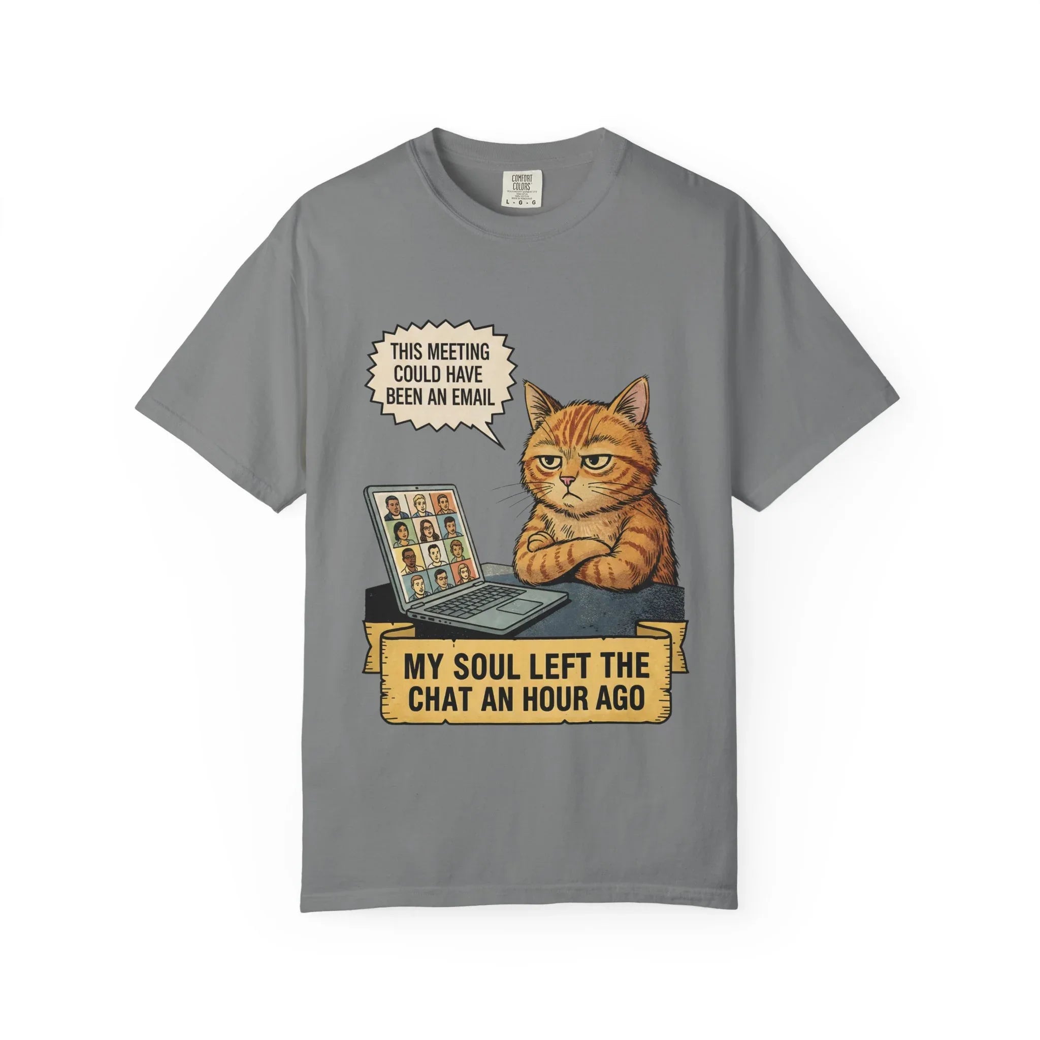 Funny Work From Home Shirt - Sarcastic Cat Hoodie - Corporate Humor Gift - "This Meeting Could Have Been An Email" Tee - Remote Work Meme - My Soul Left The Chat Top Grey