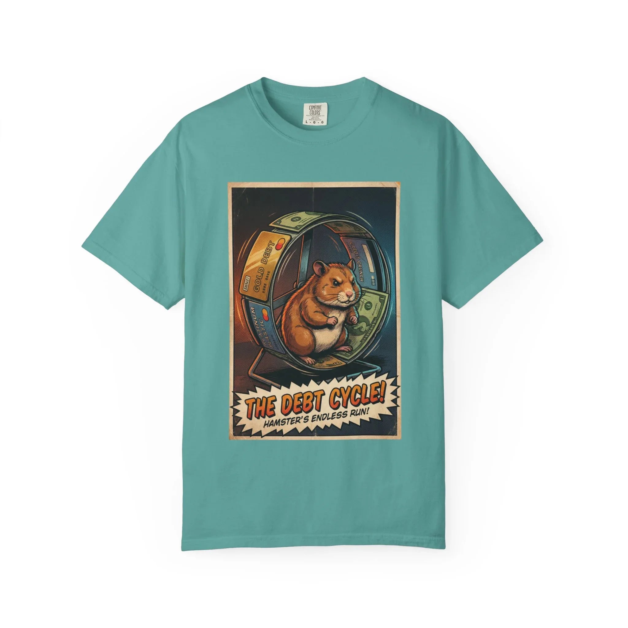 Funny Debt Cycle Hamster Shirt - Retro Comic Satire T-Shirt - Financial Humor Graphic Tee - Vintage Credit Crunch Money Art - Sarcastic Credit Card Debt Gift Seafoam