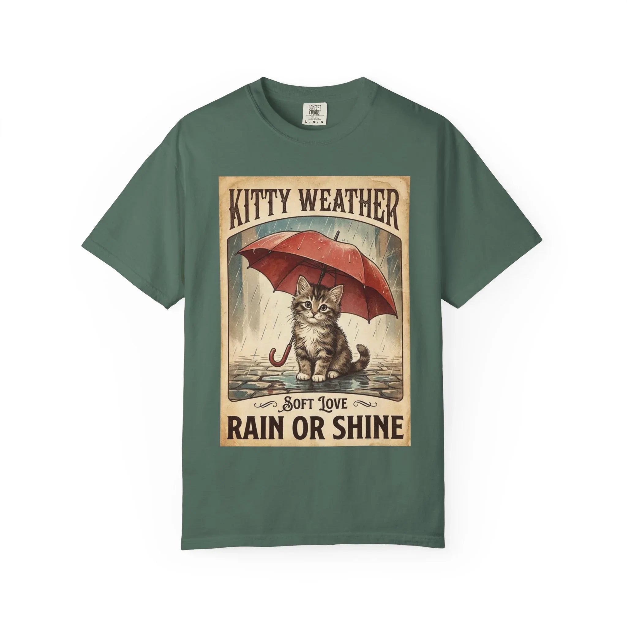Kitty Weather Rain or Shine Shirt, Umbrella Cat Vintage Poster T-Shirt, Cozy Rainy Day Kitten Tee, Retro Cat Lover Gift Blue Spruce