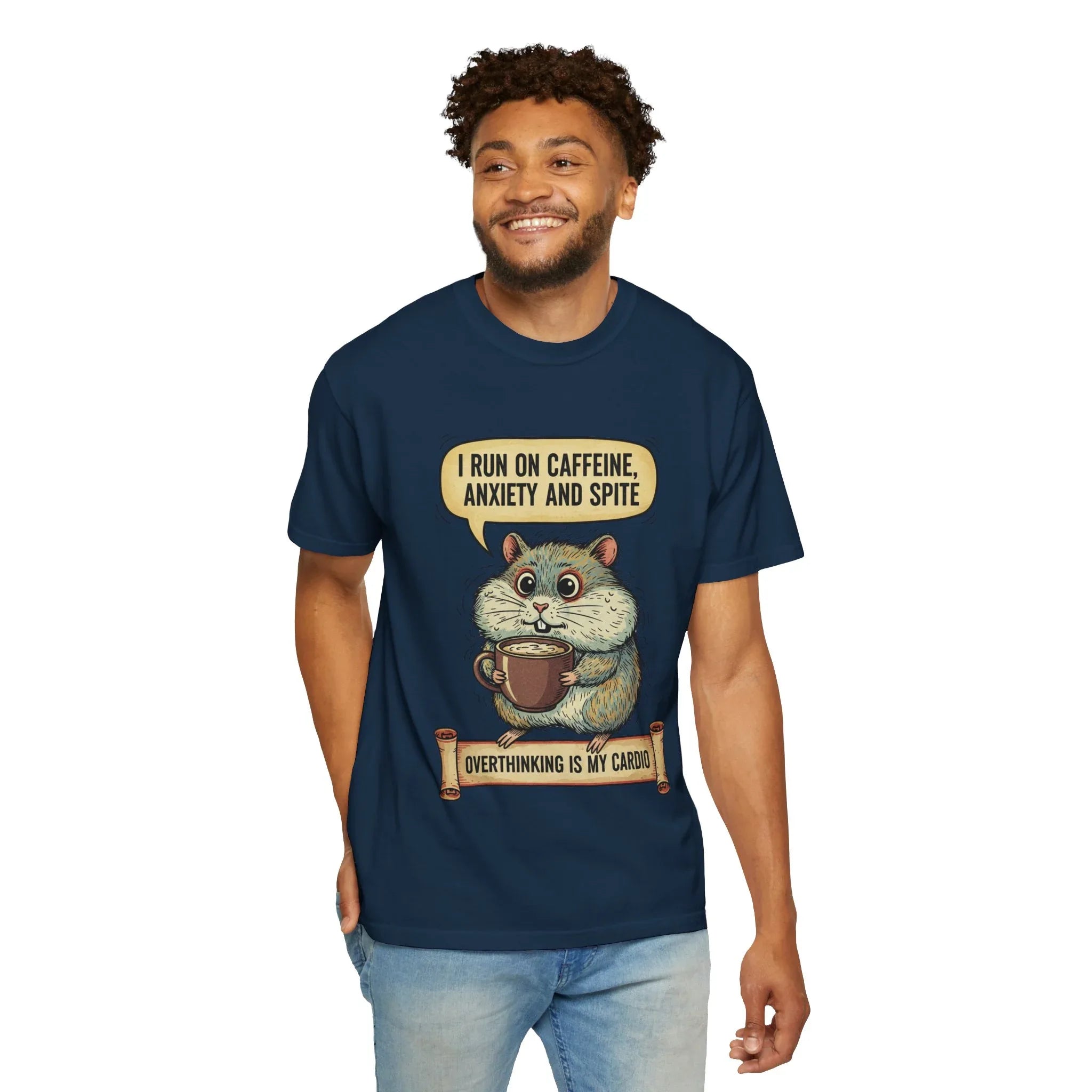Funny Hamster Coffee Shirt - "Overthinking is My Cardio" T-Shirt - Caffeine Anxiety and Spite Gift - Sarcastic Mental Health Tee - Retro Jittery Hamster Graphic Top