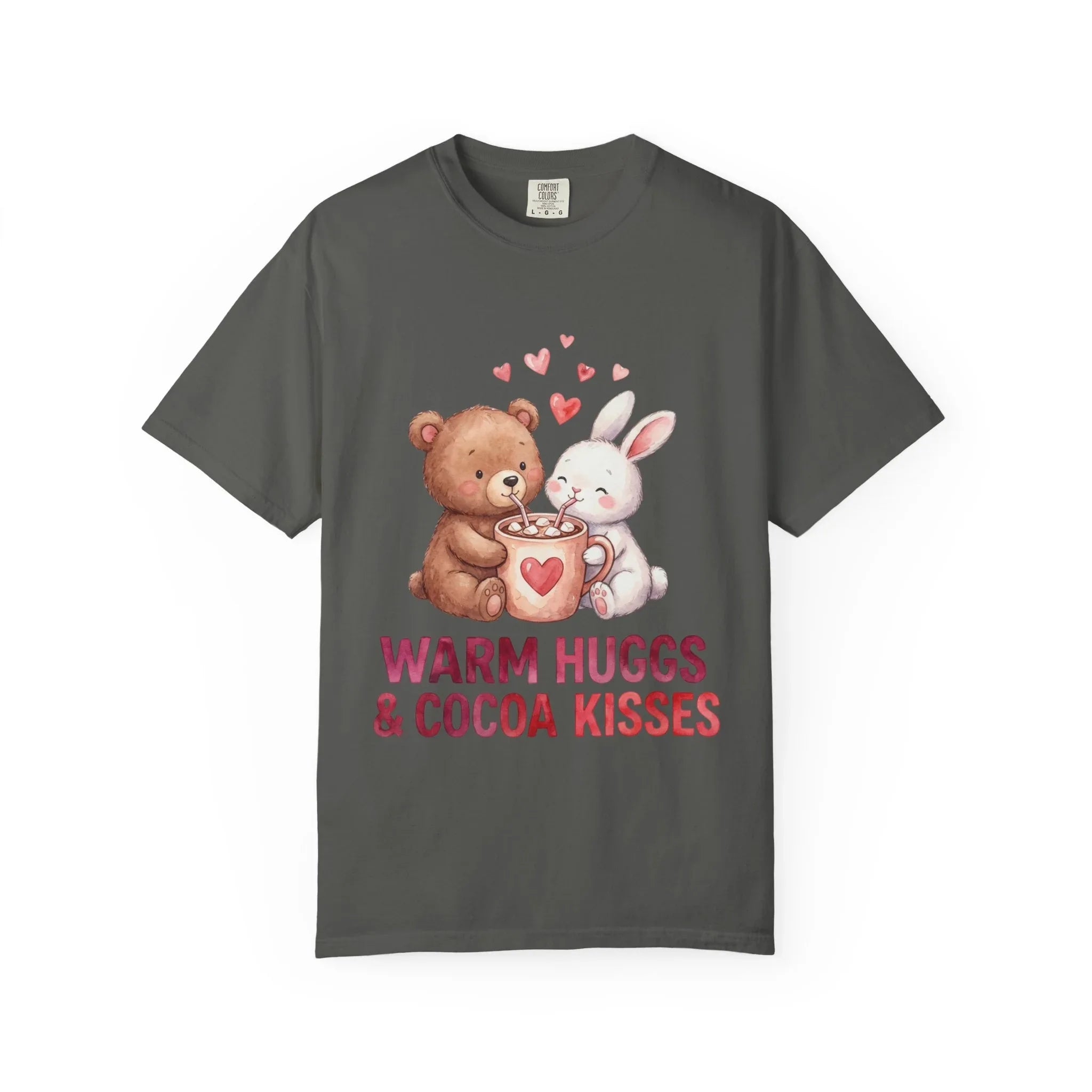 Warm Hugs and Cocoa Kisses T-Shirt | Bear Bunny Hot Cocoa Design | Cozy Winter Valentine Gift | Soft Vintage Aesthetic Tee Pepper