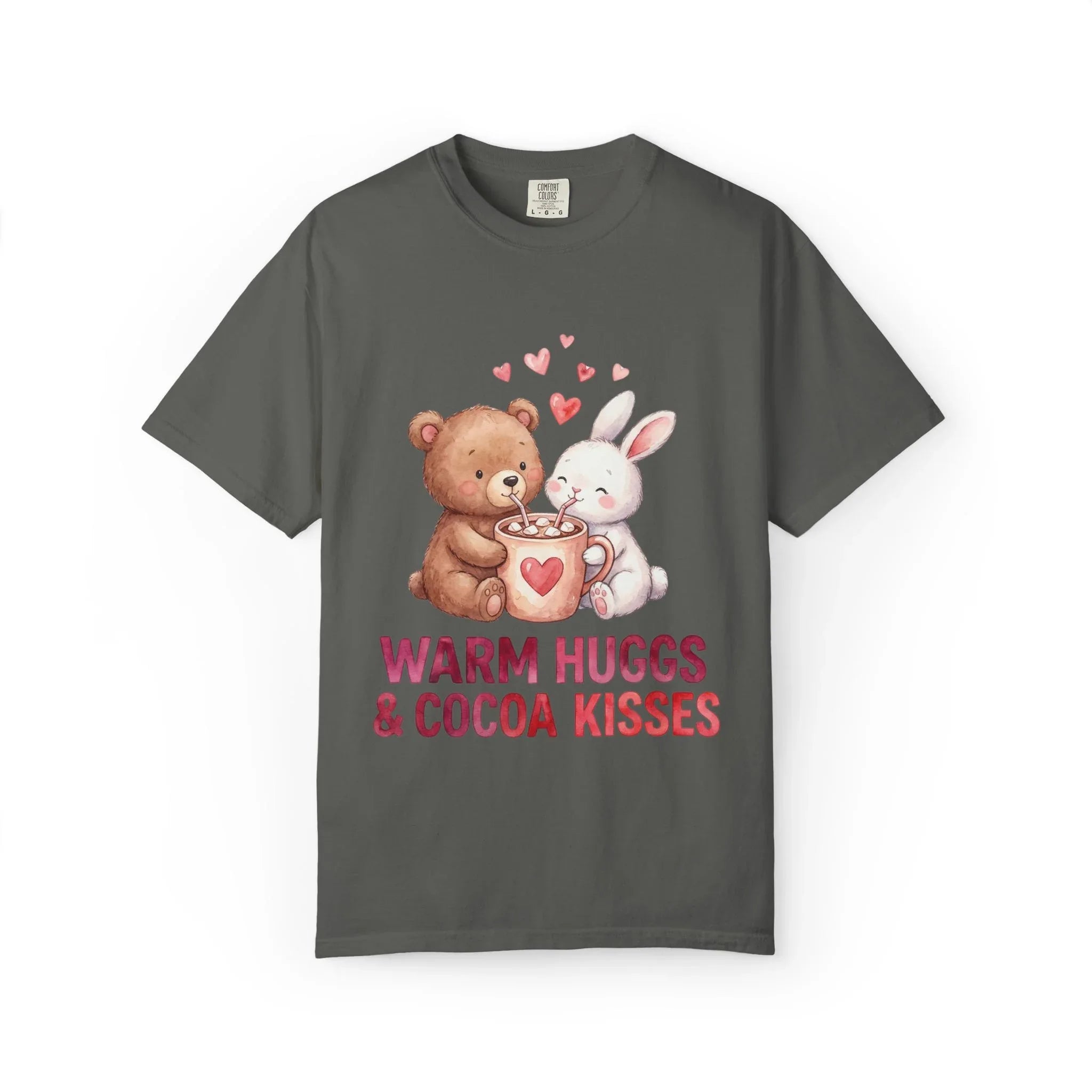 Warm Hugs and Cocoa Kisses T-Shirt | Bear Bunny Hot Cocoa Design | Cozy Winter Valentine Gift | Soft Vintage Aesthetic Tee Pepper
