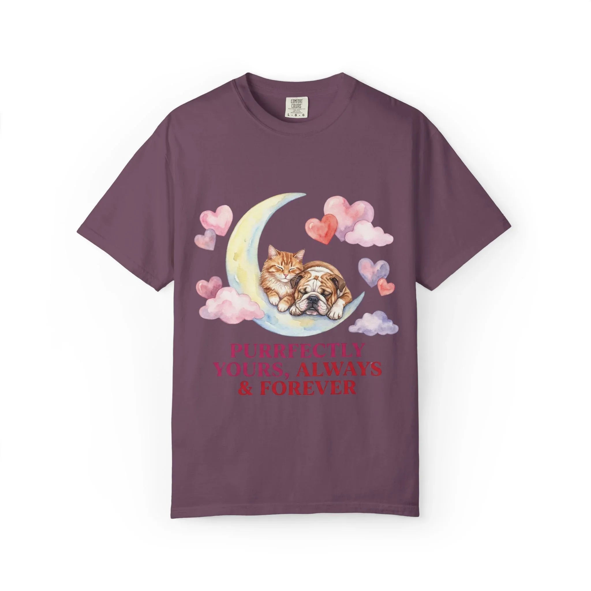 Purrfectly Yours Cat Dog Moon T Shirt Cute Pet Friends Hearts Watercolor Cozy Vintage Aesthetic Gift Pet Lovers Soft Cotton Romantic Tee Berry M