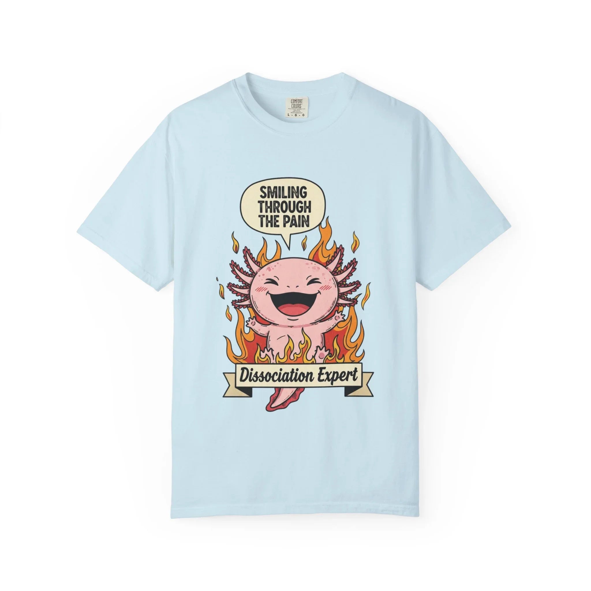 Funny Axolotl Shirt - "Dissociation Expert" Graphic Tee - Smiling Through The Pain Shirt - Mental Health Dark Humor Gift - Vintage Comfort Colors Style Oversized Top Chambray